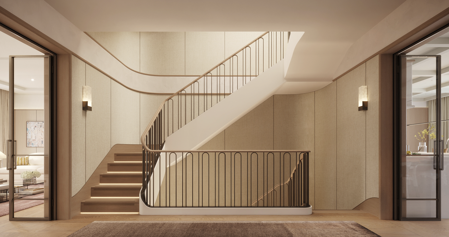 Curving staircase with a bronze balustrade and wall lights, framed by open glass doors in luxury residences in London.