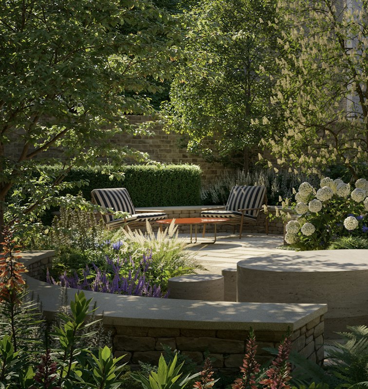 Secluded garden seating area with striped lounge chairs, stone walls, hydrangeas and lush planting