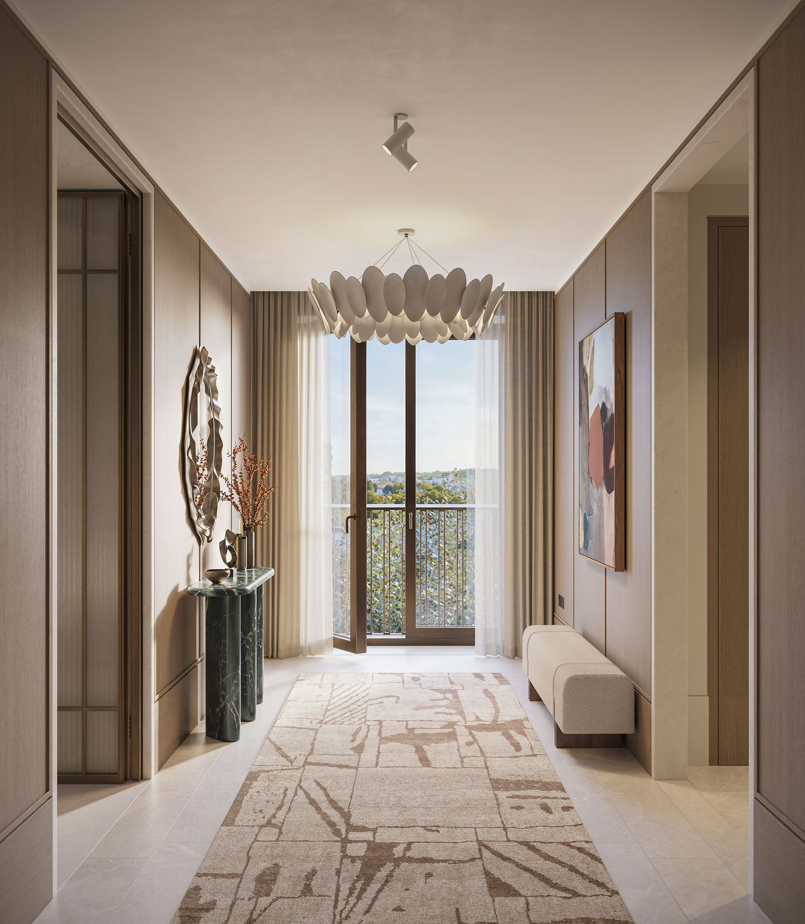 Hallway of St John's Wood Square's luxury apartments in London, with a sculptural pendant light, marble console, and full-height balcony doors.