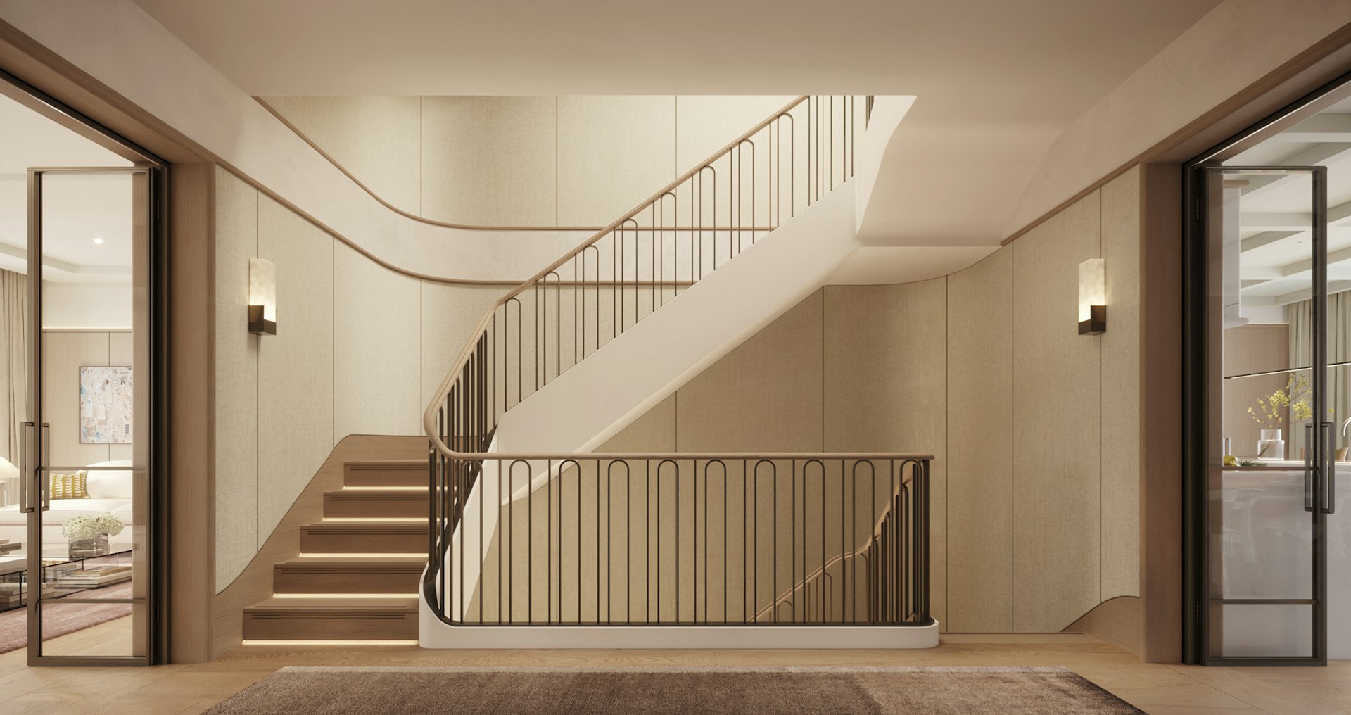 Curving staircase with a bronze balustrade and wall lights, framed by open glass doors in luxury residences in London.