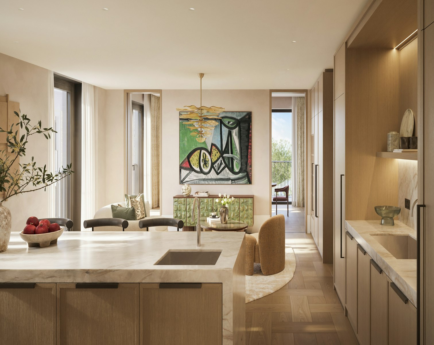 Kitchen with a marble island, oak cabinetry and herringbone floor in a St John's Wood Square apartment