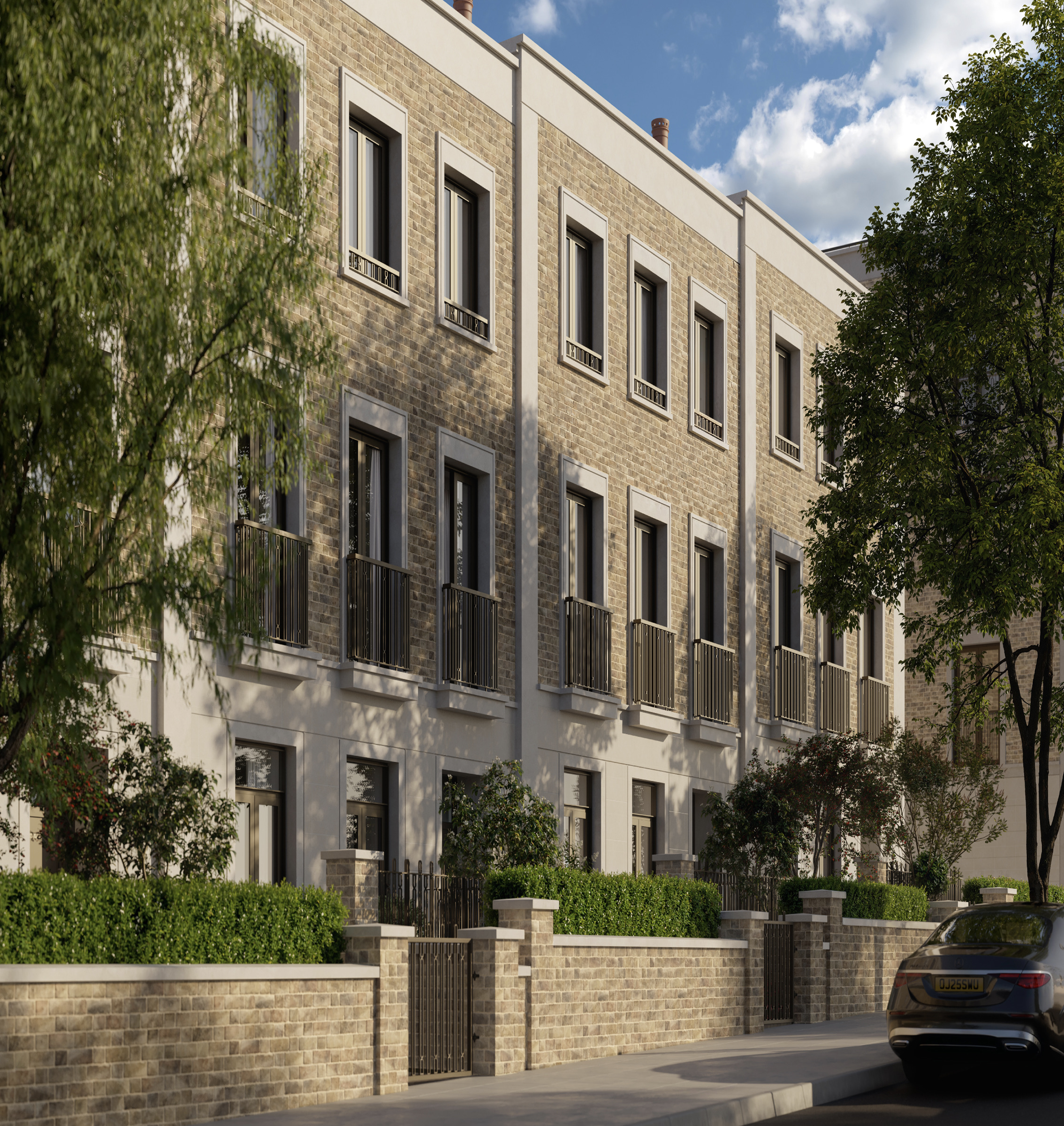 Brick townhouses with iron balconies and garden walls along King's Terrace at St John's Wood Square