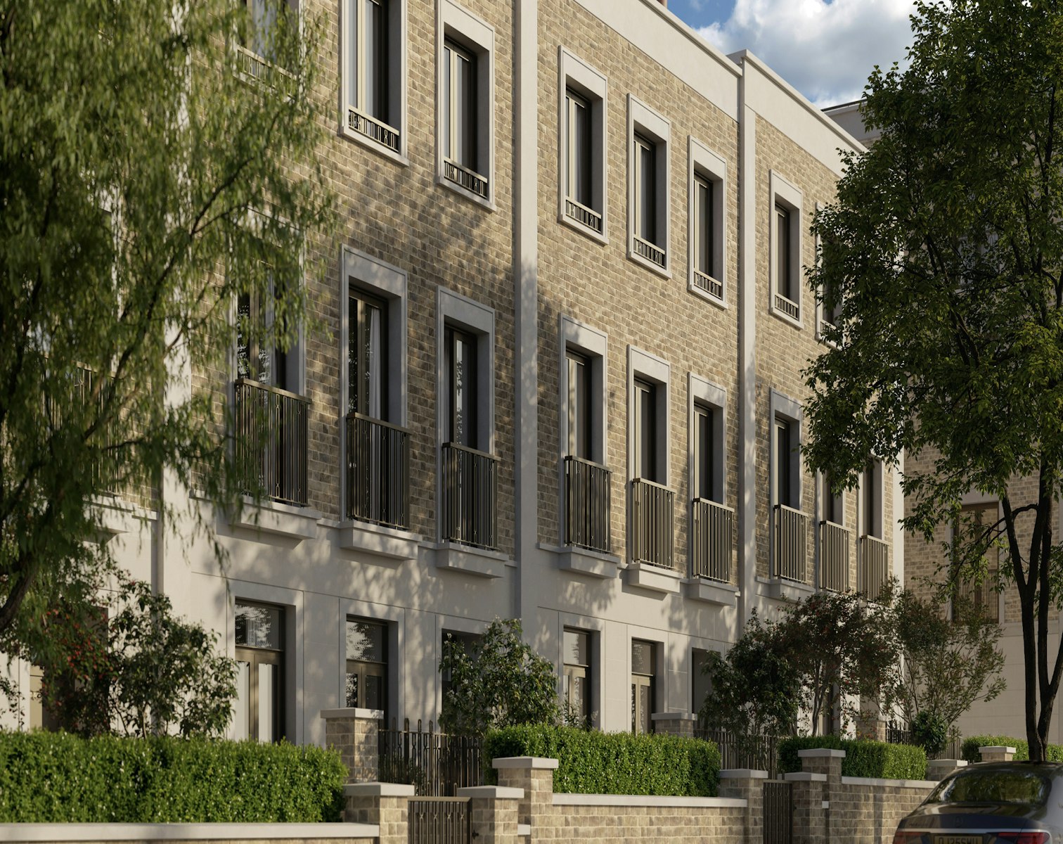 Brick townhouses with iron balconies and garden walls along King's Terrace at St John's Wood Square