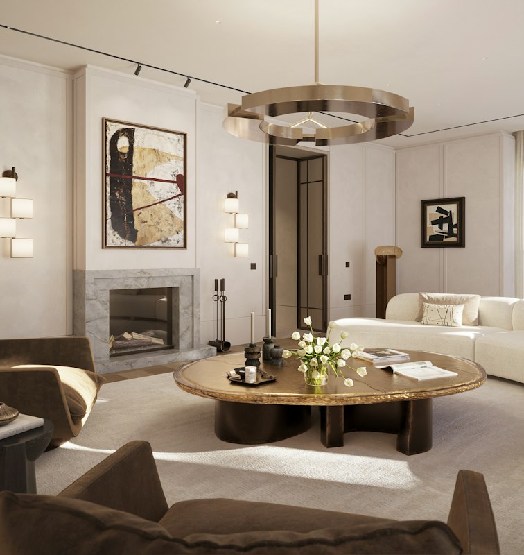 Yabu Pushelberg townhouse living room with a brass ring chandelier, marble fireplace and curved cream sofa