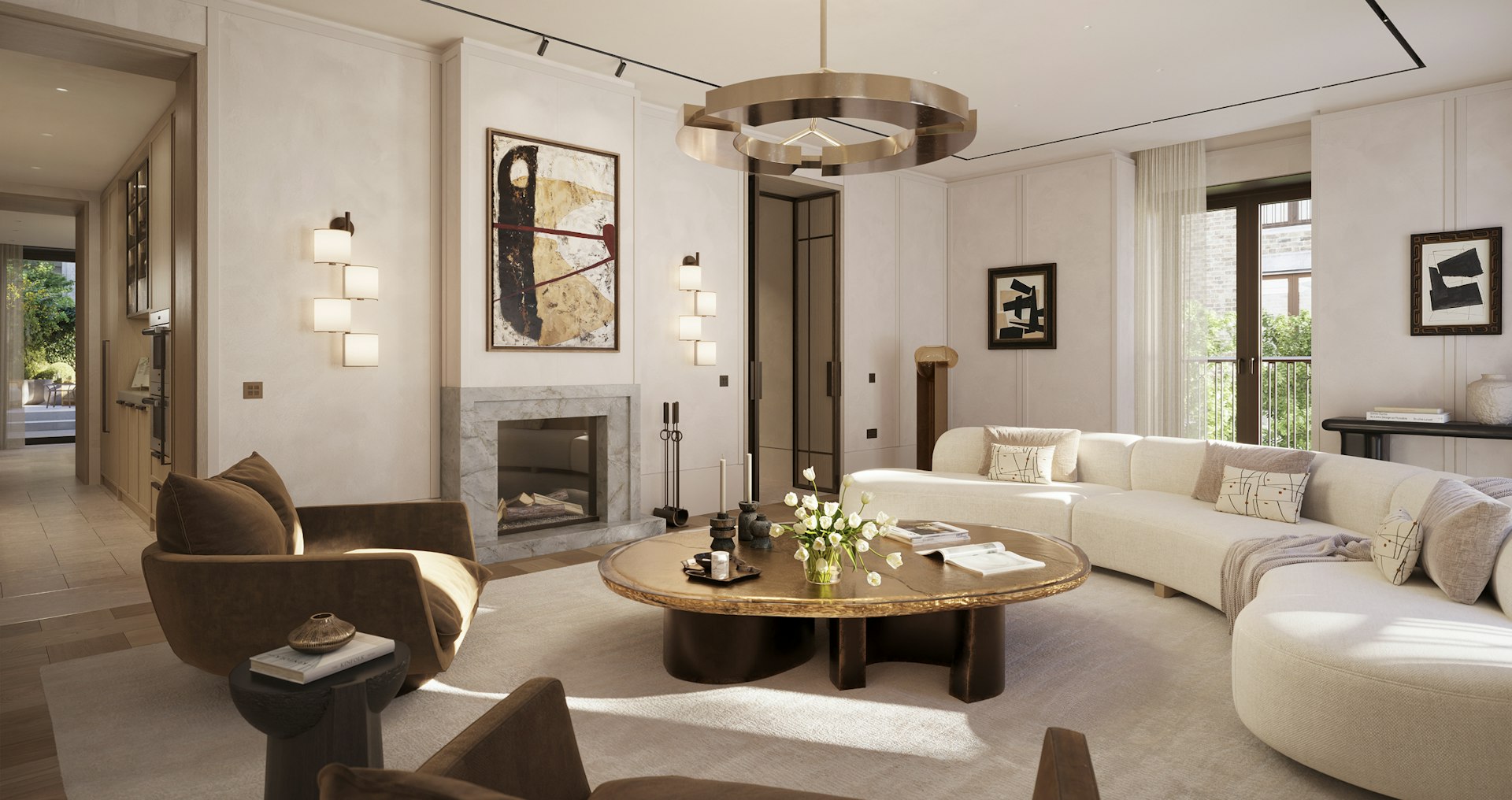 Living room at St Johns Wood Square development featuring a curved cream sofa, marble fireplace, and abstract art.