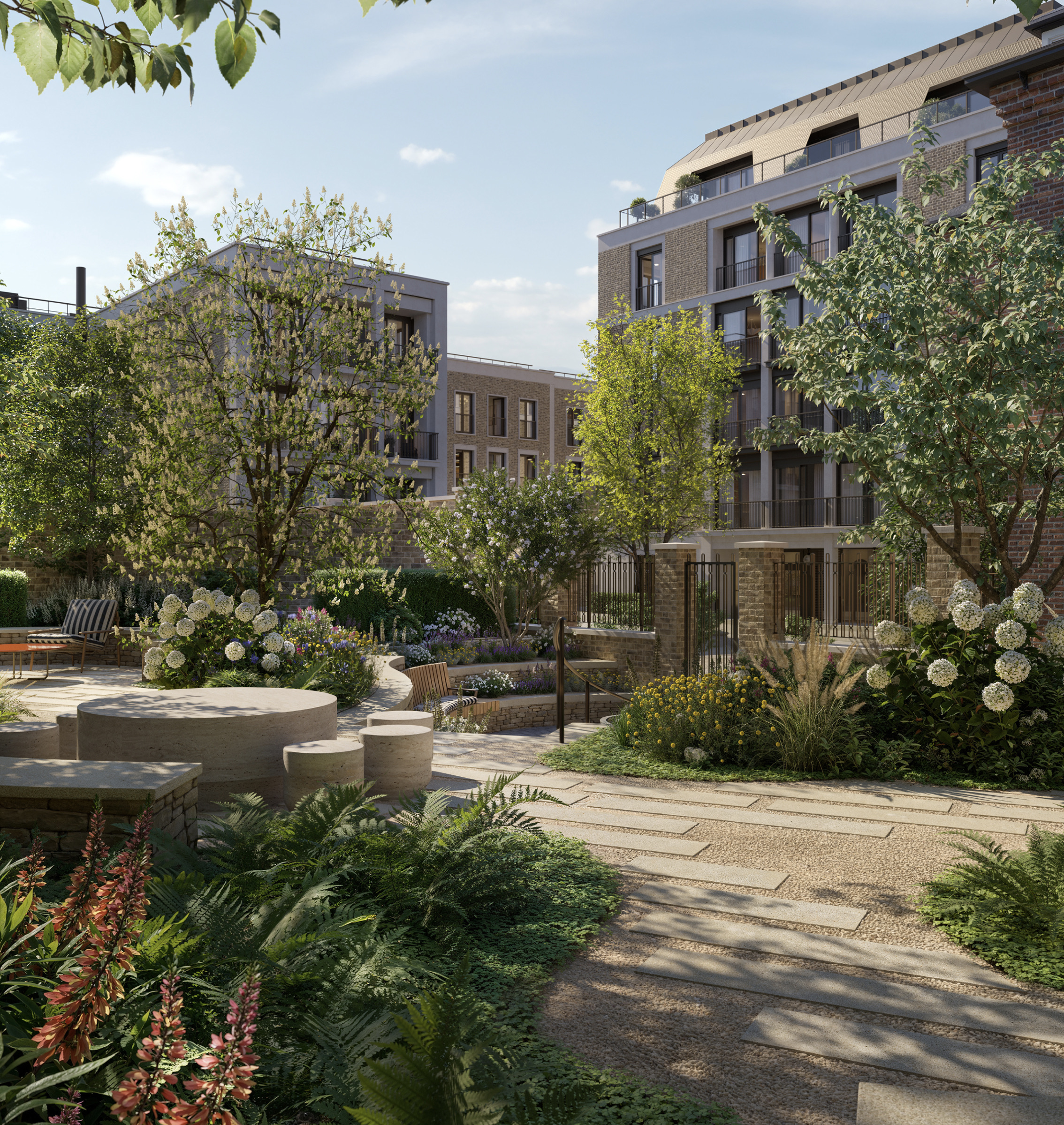 Garden at St John's Wood Square with stone seating, white hydrangeas and a stepping-stone path