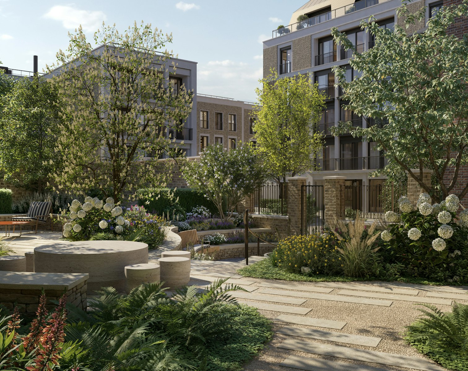 Garden at St John's Wood Square with stone seating, white hydrangeas and a stepping-stone path