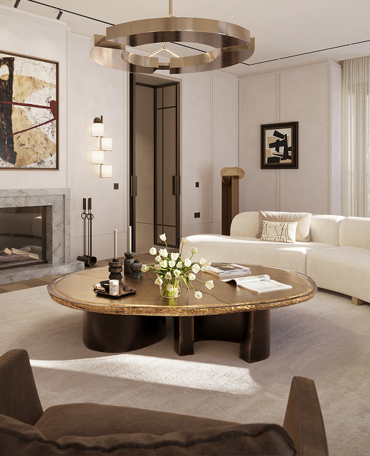 Living room by Yabu Pushelberg with a fireplace, curved cream sofa and bronze-edged coffee table