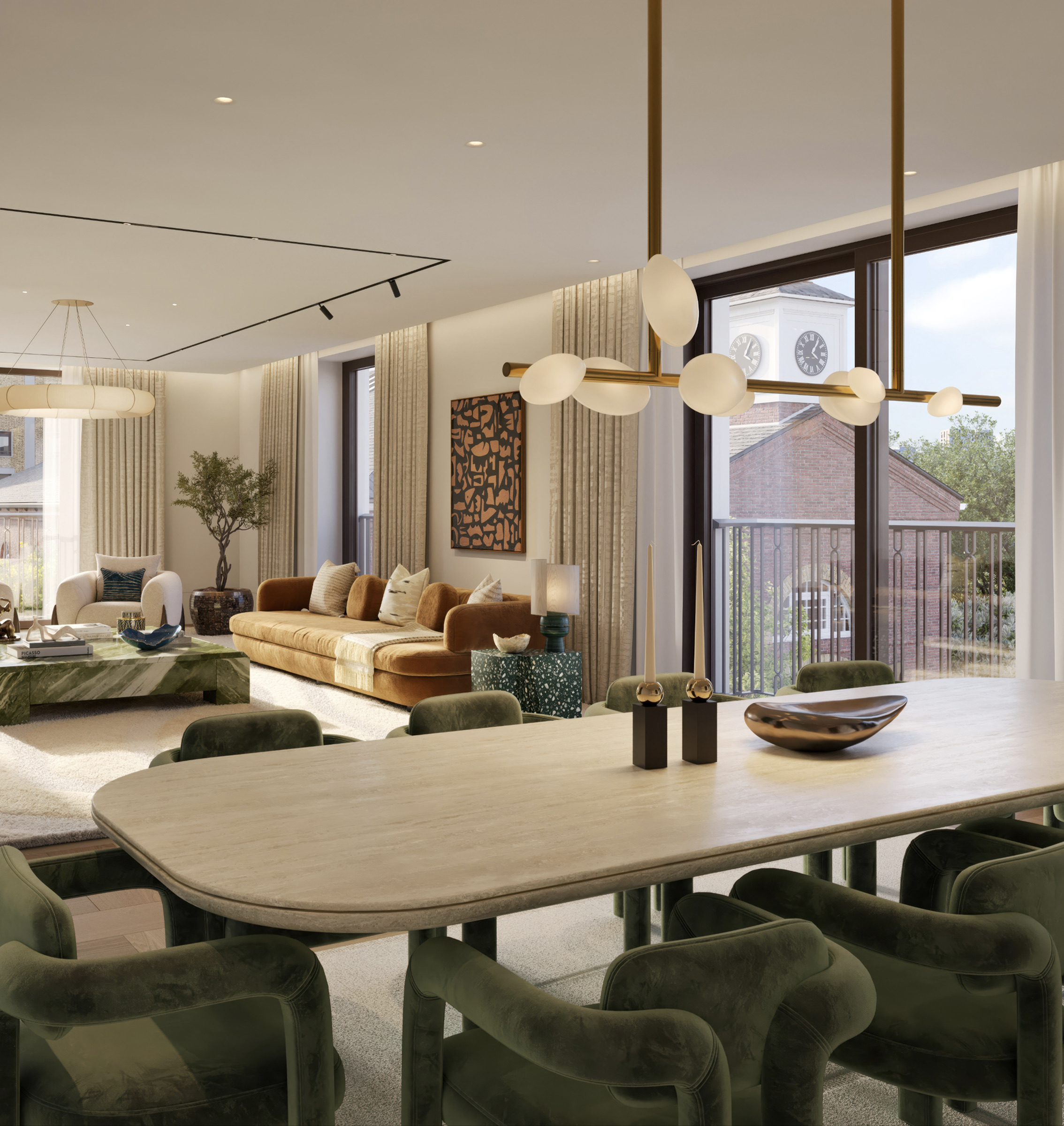 Open-plan living and dining room by Yabu Pushelberg with green velvet chairs and a clock tower view