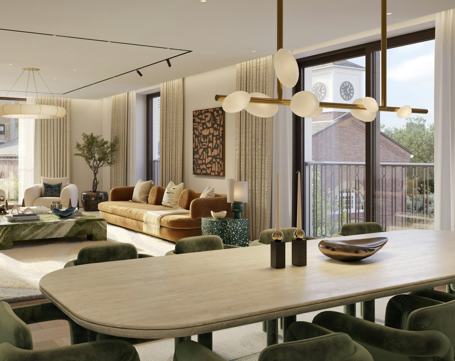 Open-plan living and dining room by Yabu Pushelberg with green velvet chairs and a clock tower view