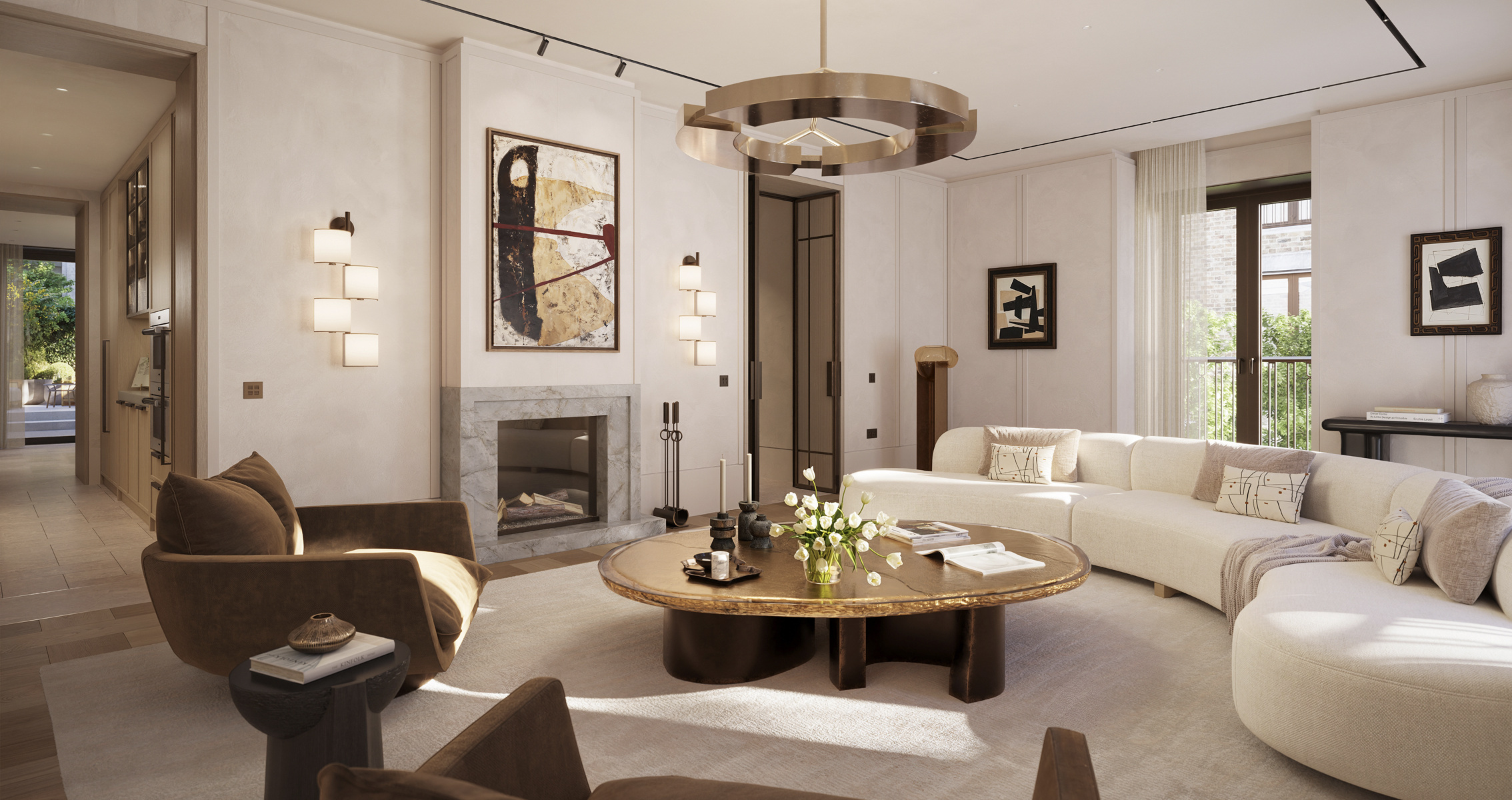Living room at St Johns Wood Square development featuring a curved cream sofa, marble fireplace, and abstract art.