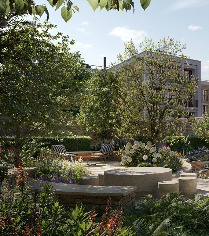 Walled garden with striped lounge chairs, curved stone benches and white hydrangeas beneath mature trees