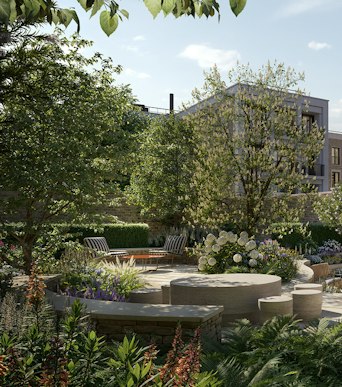 Walled garden with striped lounge chairs, curved stone benches and white hydrangeas beneath mature trees