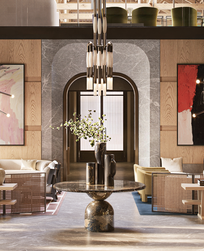 A marble table, oak-paneled walls, and chandelier at The Riding Club lounge for residents of premium apartments in London.