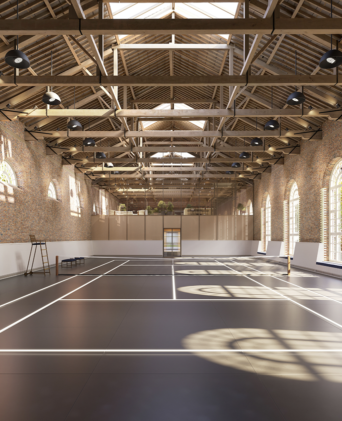 Indoor tennis court in the Riding School, with exposed timber roof trusses, skylights and tall arched windows