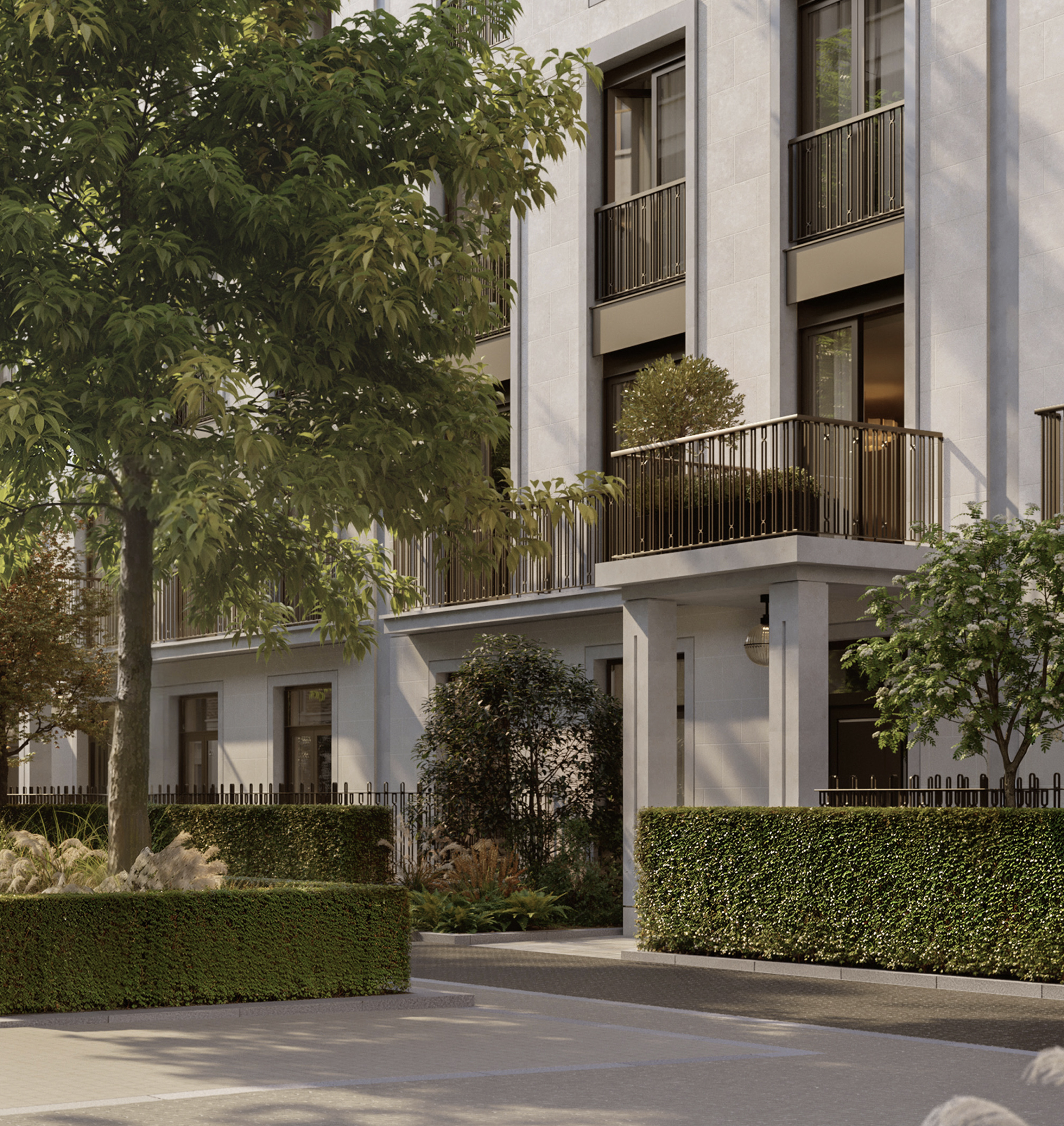 Refined pale stone exterior details of St John's Wood Square luxury apartments in London for sale