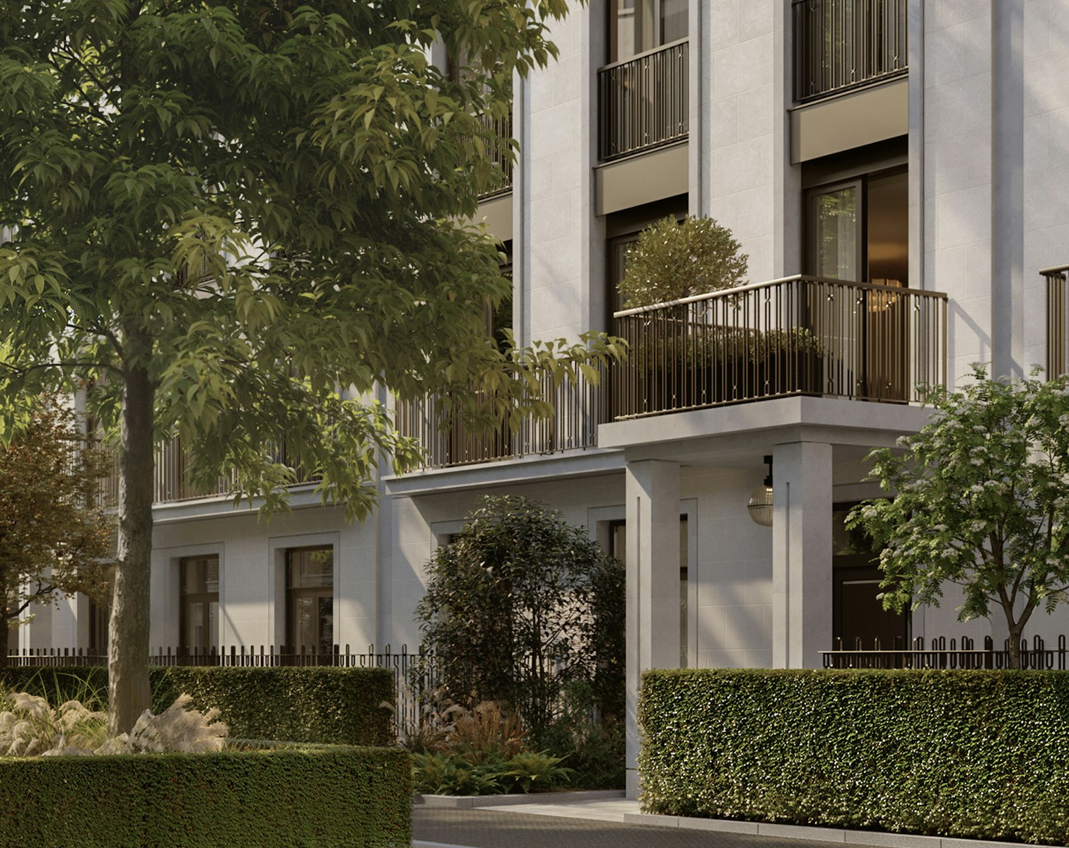 Refined pale stone exterior details of St John's Wood Square luxury apartments in London for sale