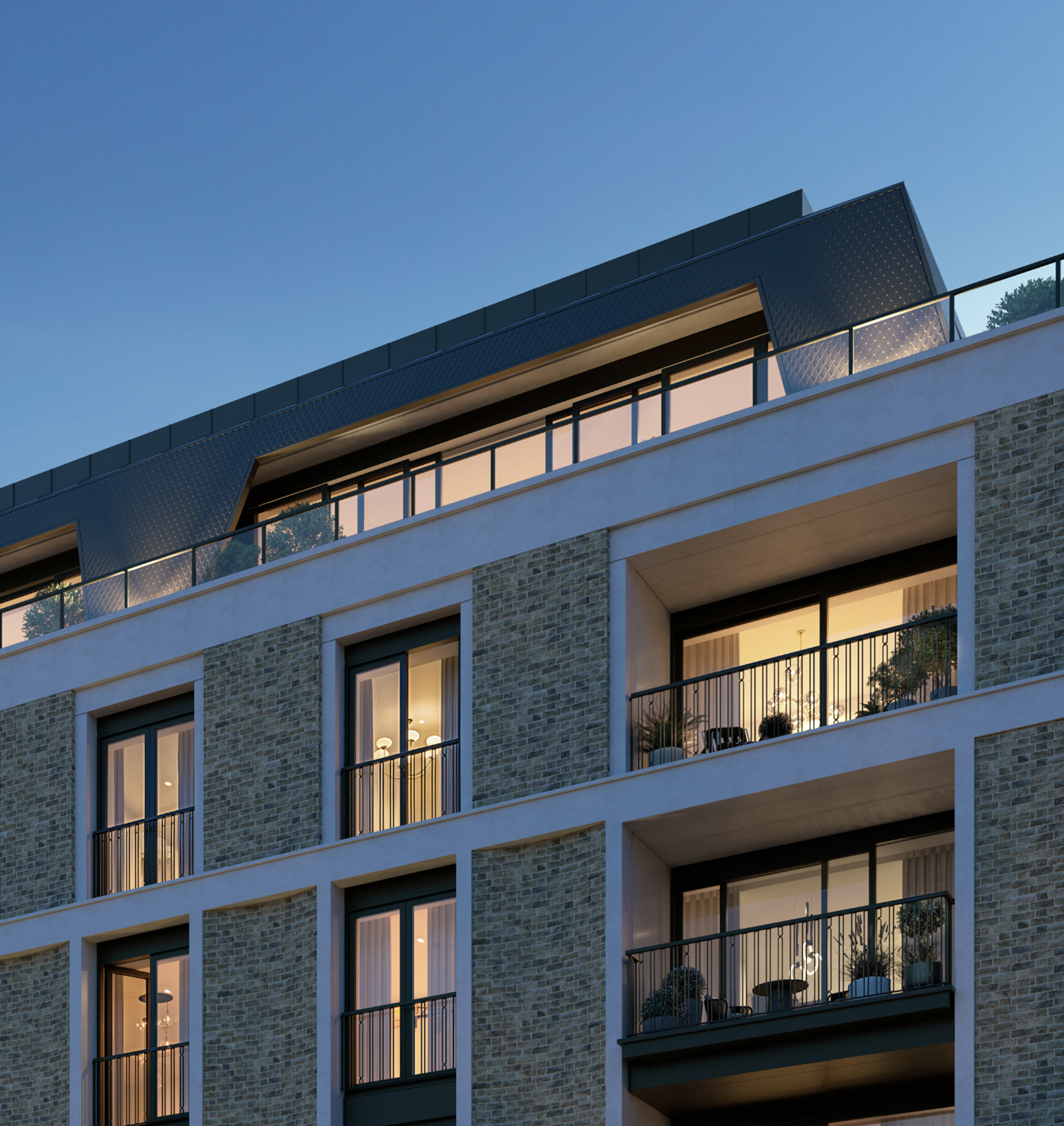 Penthouse exterior at St John's Wood Square at dusk, one of the penthouses for sale in London, England