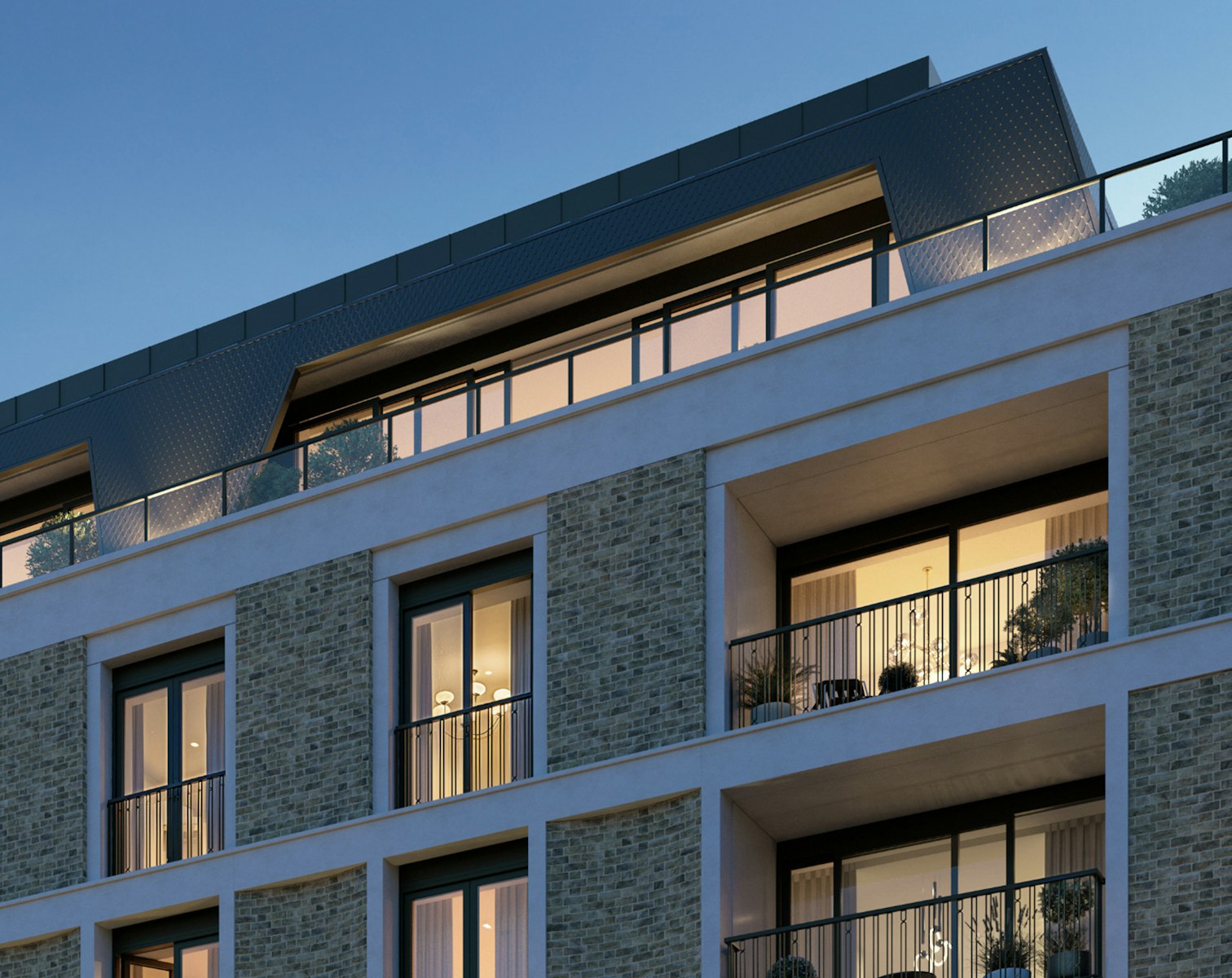 Penthouse exterior at St John's Wood Square at dusk, one of the penthouses for sale in London, England