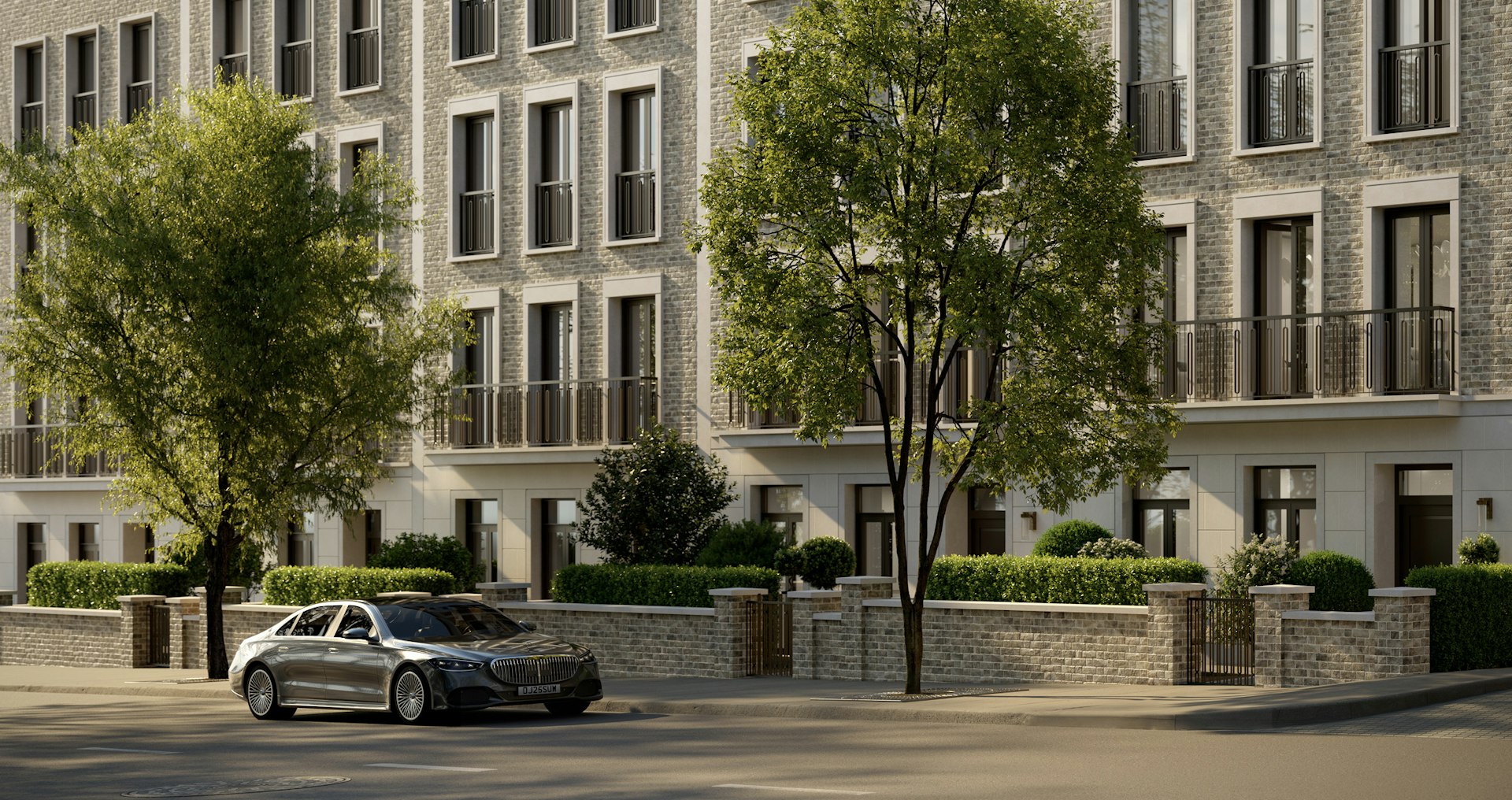Exterior of a luxury townhouse for sale in London on King's Terrace, framed by gardens and mature trees