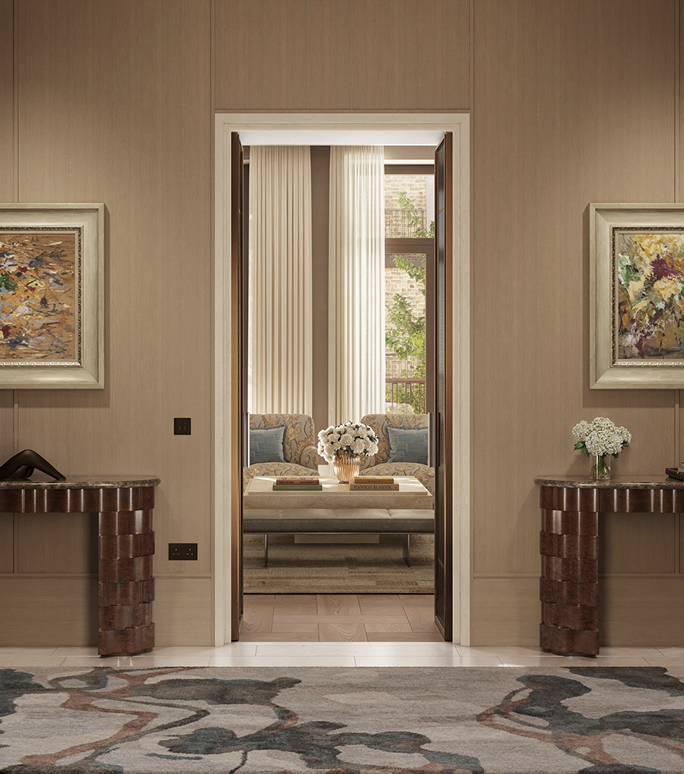 Hallway of a designer apartment in London, an open door revealing two chairs, a coffee table and curtained windows beyond