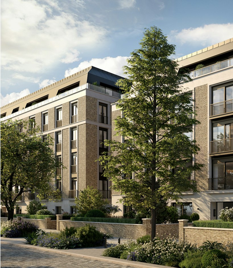 Queen's Terrace building behind trees and flower-filled gardens, home to rare 5 bedroom apartments in London
