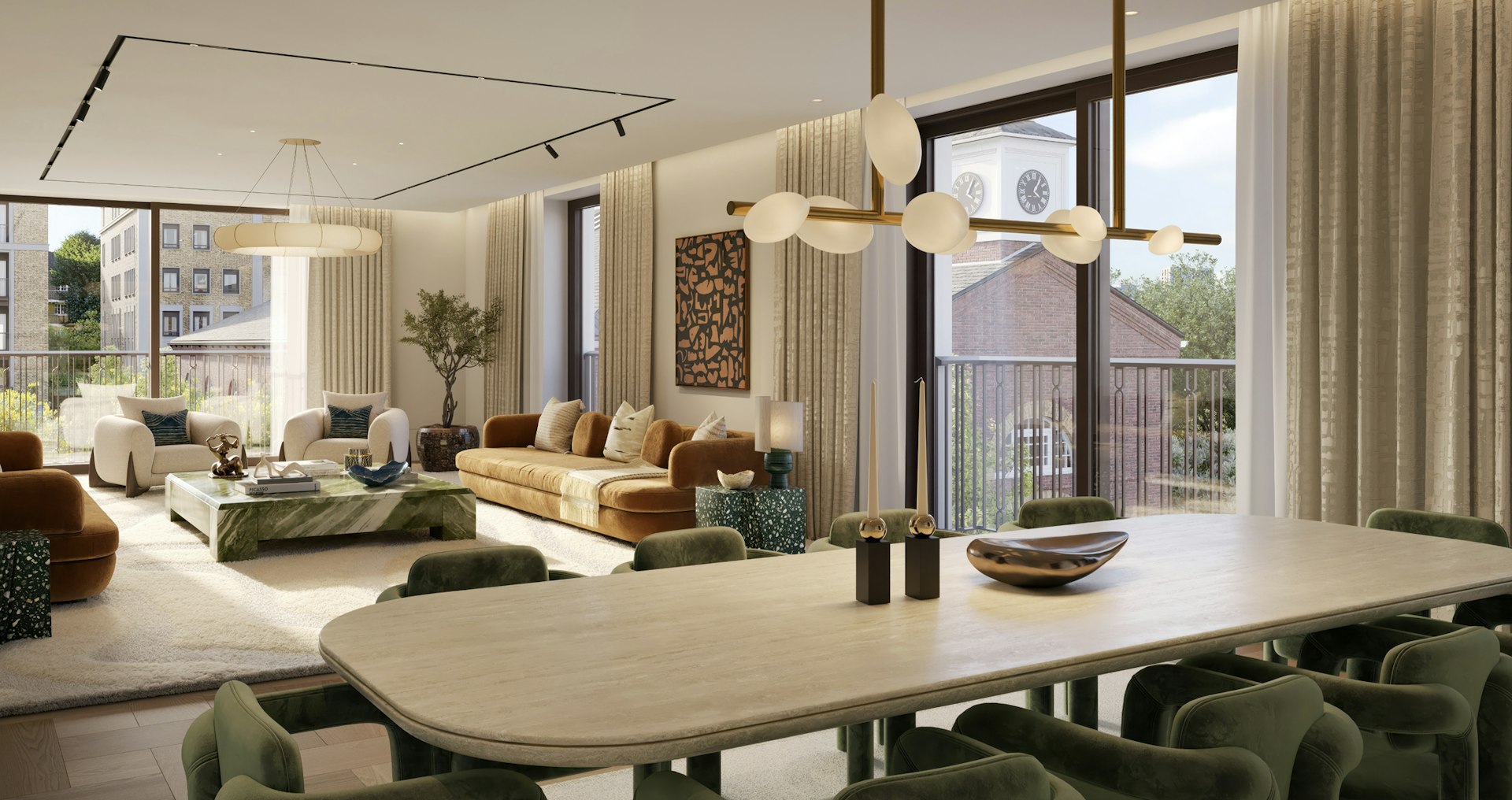 Interior design of the living room and dining room in the luxury apartments for sale in St John's Wood Square.