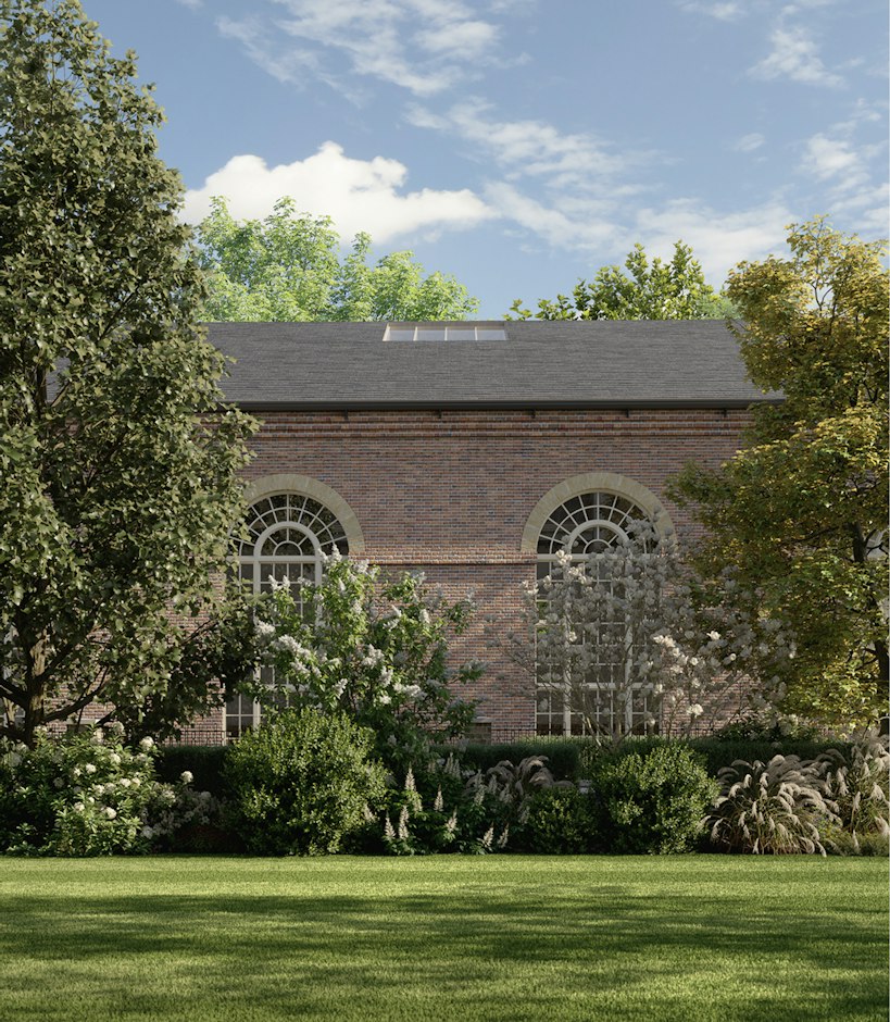 The 1825 Riding School, reimagined as The Riding Club, seen across The Lawn at St John's Wood Square in London The Riding School across The Lawn