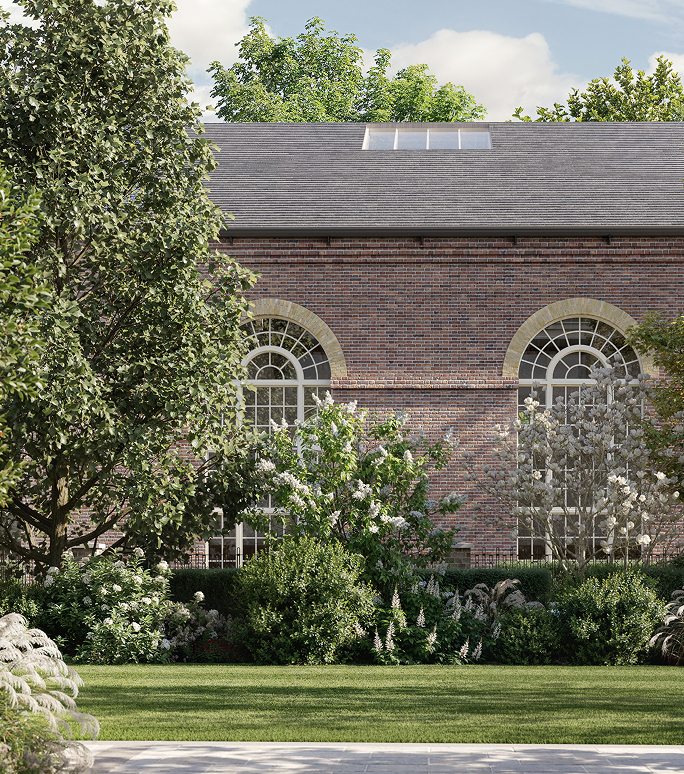 The 1825 Riding School, reimagined as The Riding Club, seen across The Lawn at St John's Wood Square in London