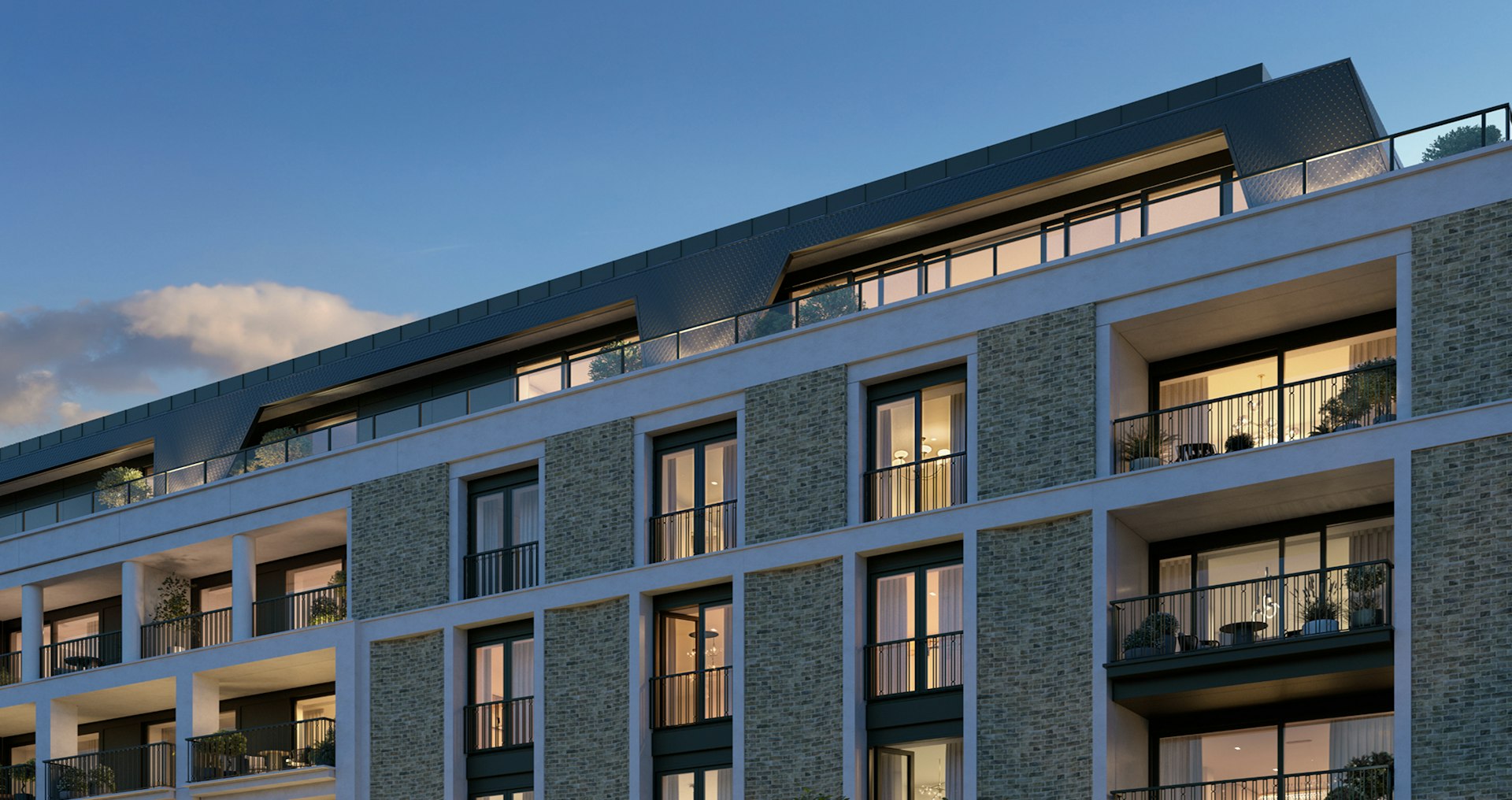 Roofline of the luxury penthouses in London at St John's Wood Square catching the last of the evening light.