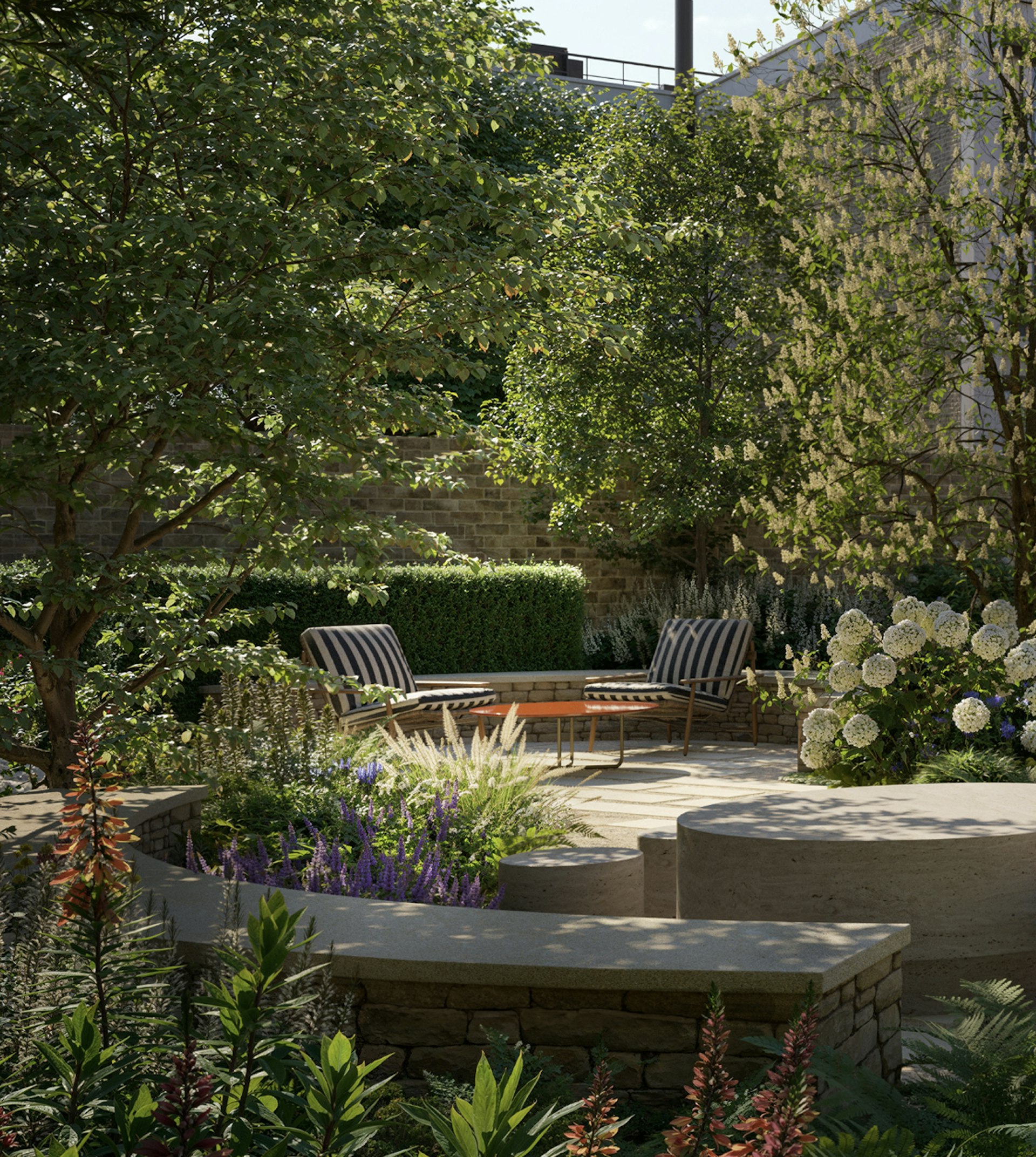 Walled garden with striped lounge chairs and white hydrangeas at a St Johns Wood new build residential development.