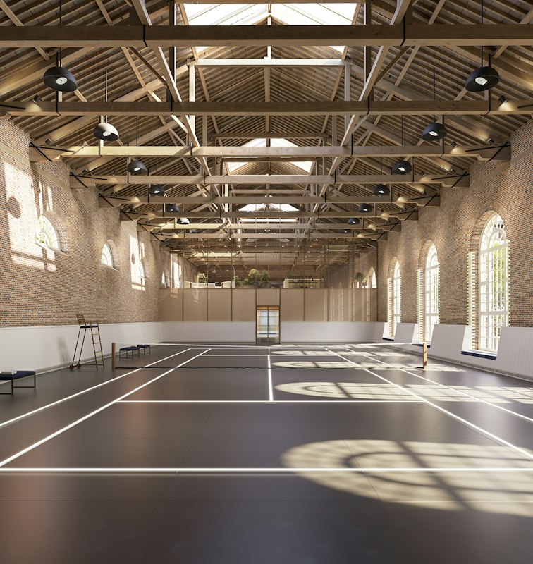 Indoor tennis court with timber roof trusses and arched windows at The Riding School, for St. John's Wood Square residents.