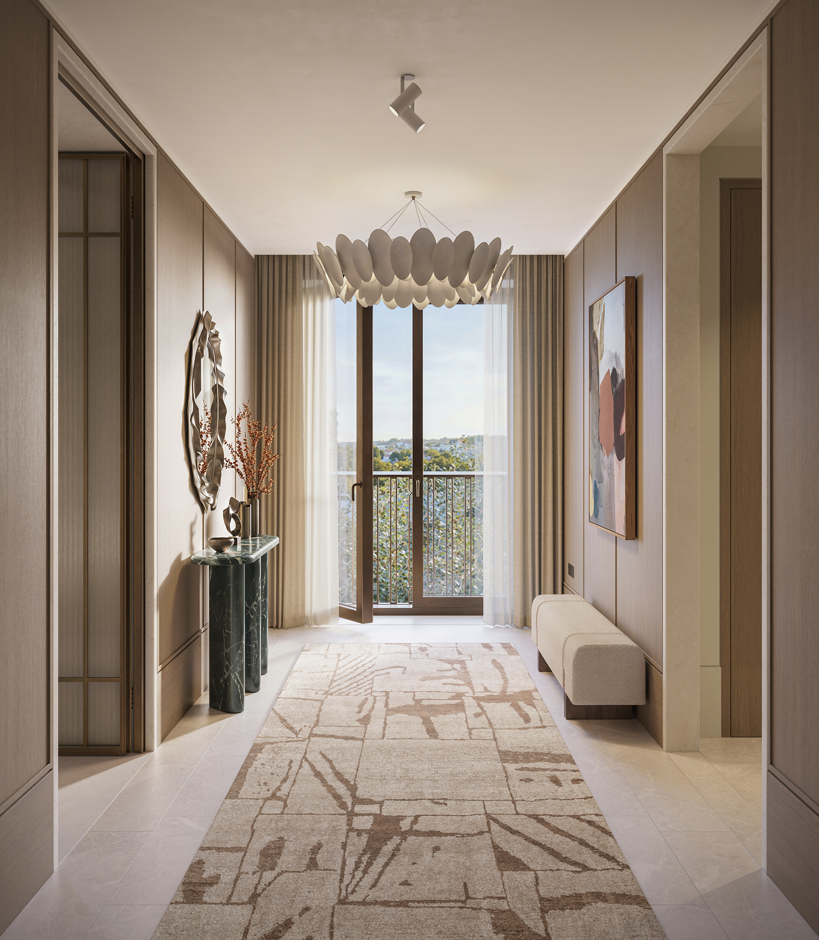 Hallway of St John's Wood Square's luxury apartments in London, with a sculptural pendant light, marble console, and full-height balcony doors.