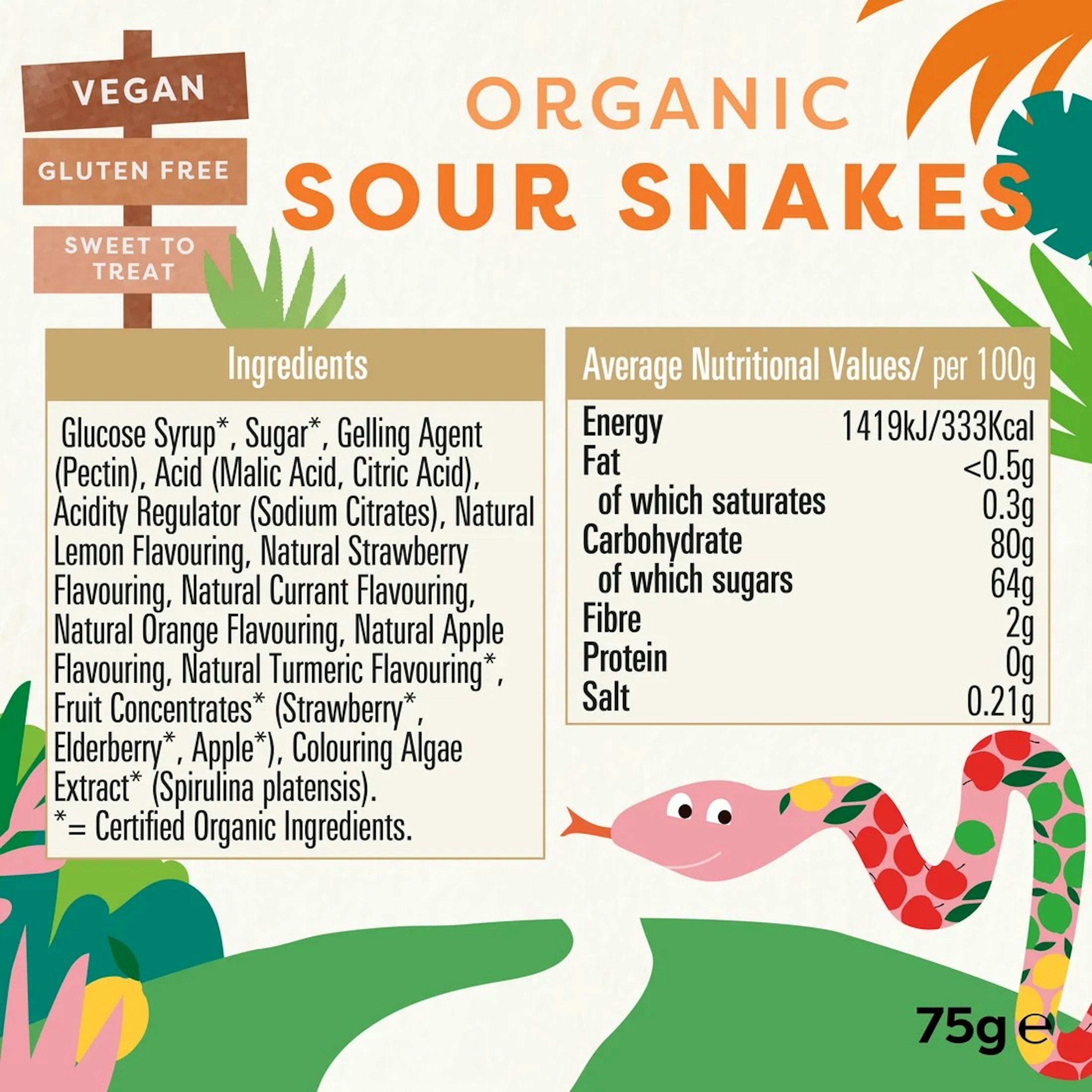 Biona Sour Snakes 75 g 