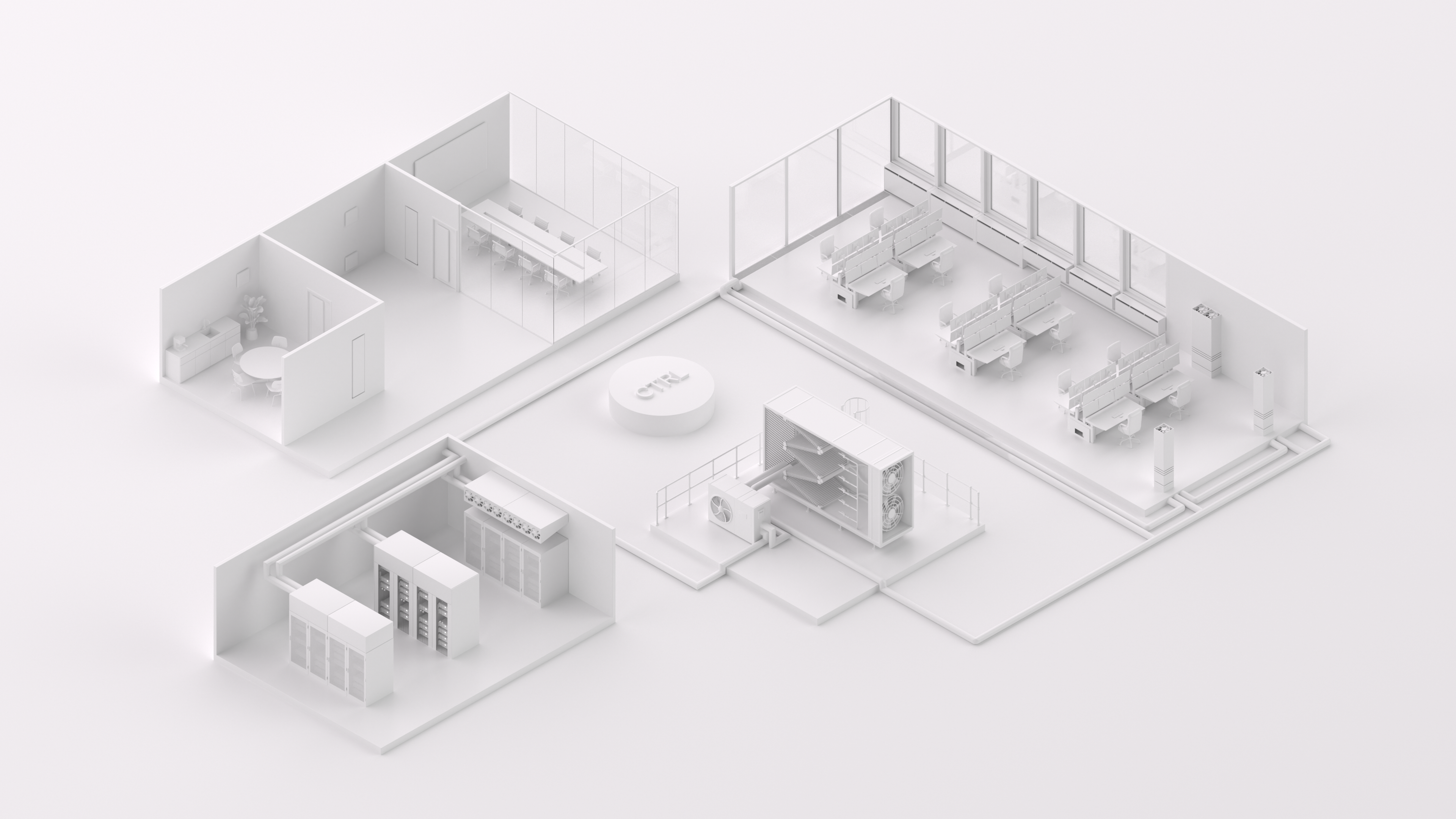 Schéma 3D d'un bâtiment de bureaux mettant en avant l'unité de contrôle centrale Riotherm CTRL