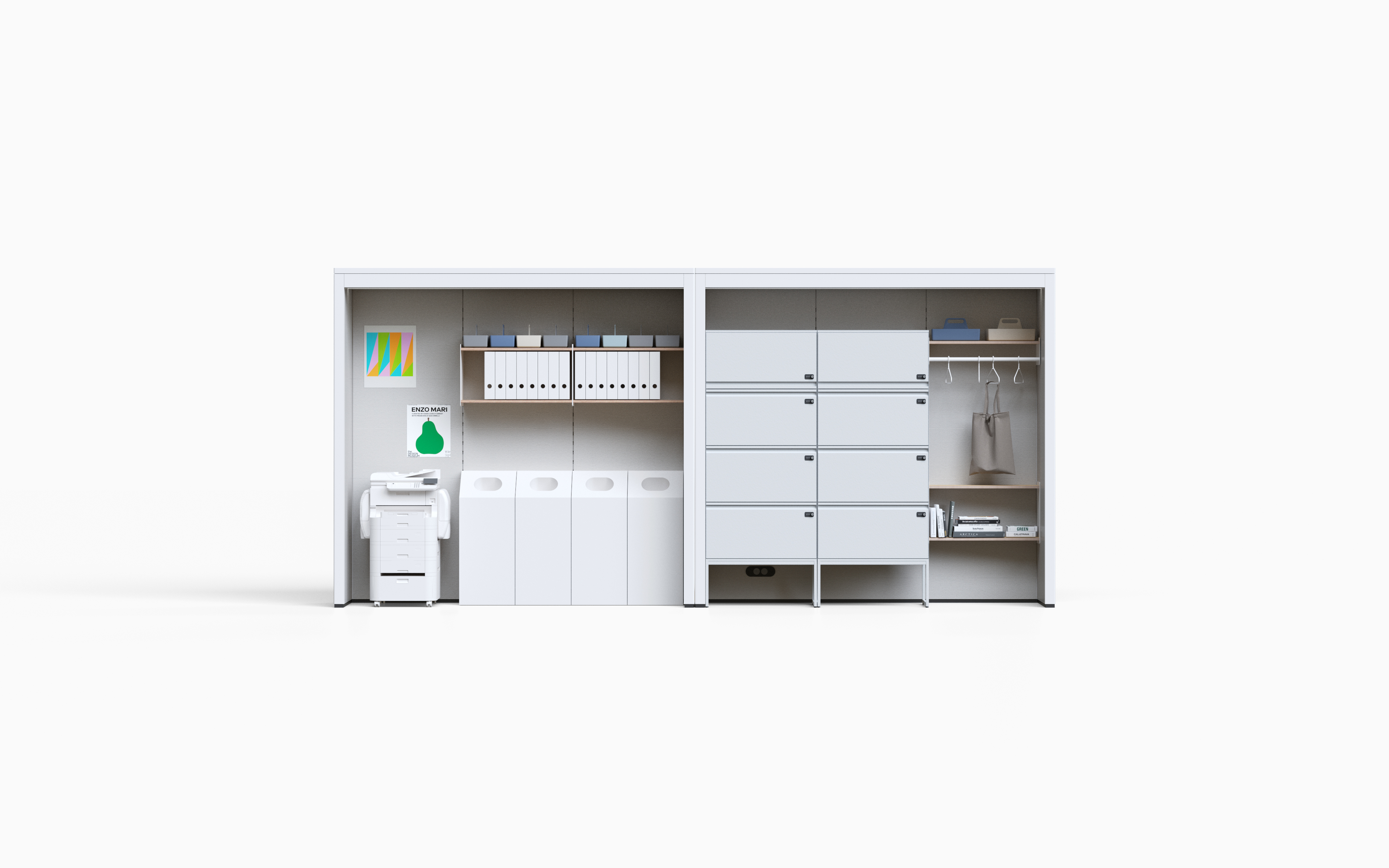 Stauraum-Modul einer Talky-Kabine mit Schubladen, Ablagefächern und Garderobe