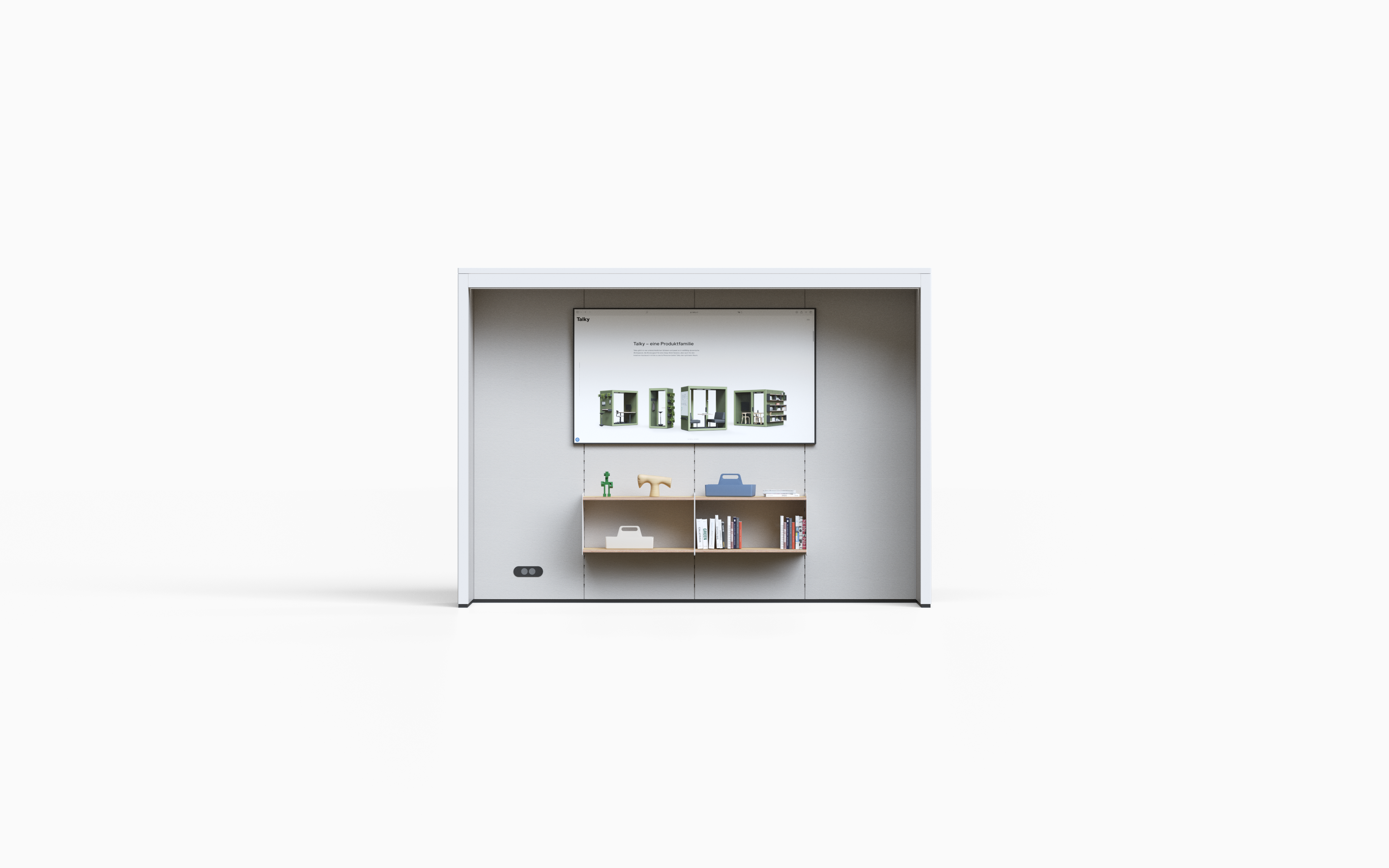 Talky Nook von vorne mit Regalfächern, Bildschirm und Ablageflächen