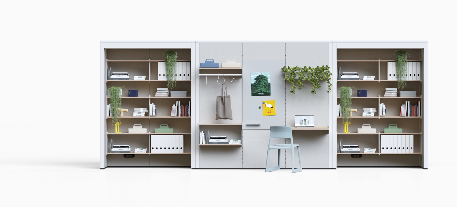 Modulares Talky-Wandsystem mit Regalen, Pflanzen, kleinem Schreibtisch und Garderobenhaken
