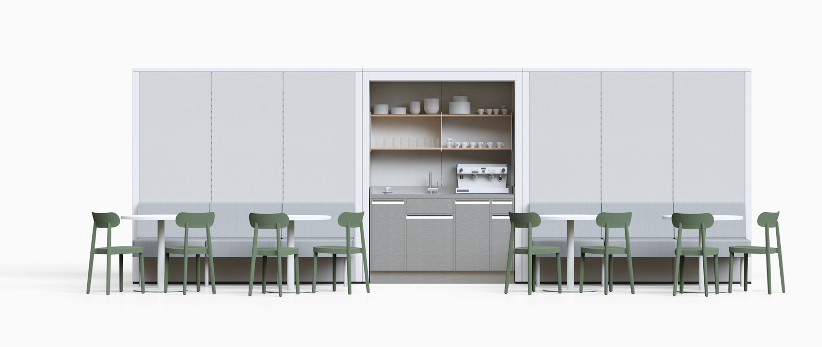 Talky-Küchennische mit Kaffeemaschine und Schränken, flankiert von Sitzbänken mit Stühlen