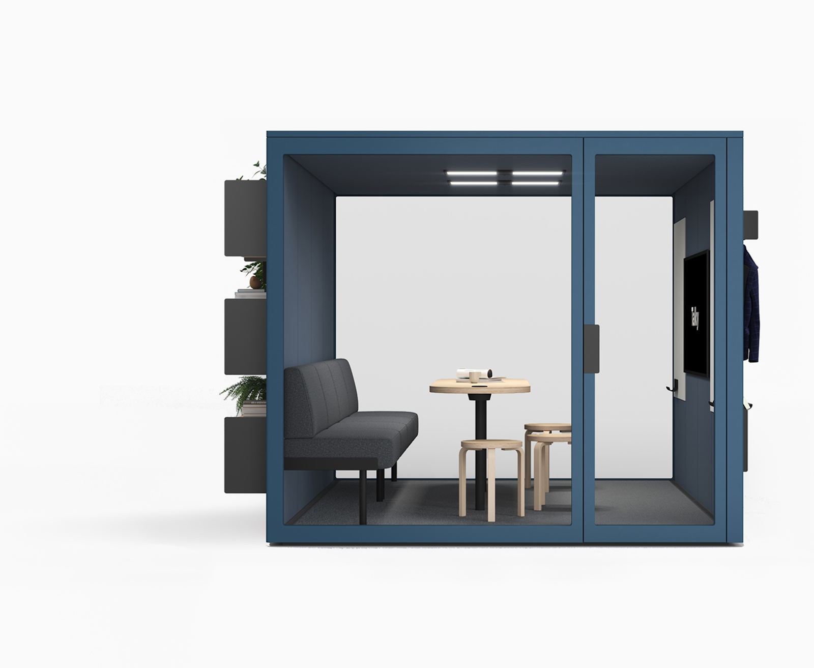 Blaue Talky-Lounge-Nische mit Sessel, rundem Tisch, Regal mit Pflanze und Garderobenhaken