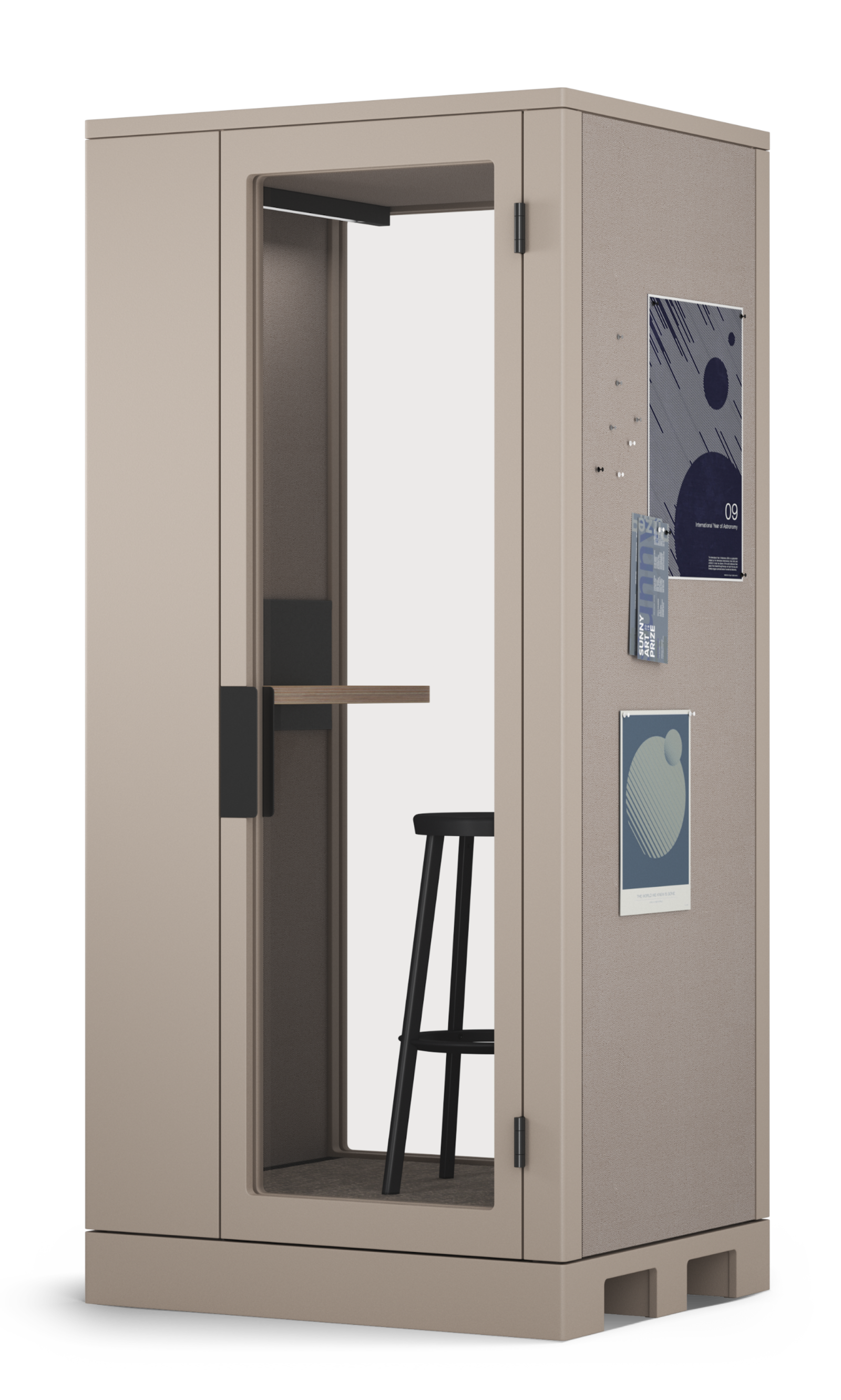 Beige Talky-Telefonzelle mit Filz-Pinnwand und Barhocker im Innern