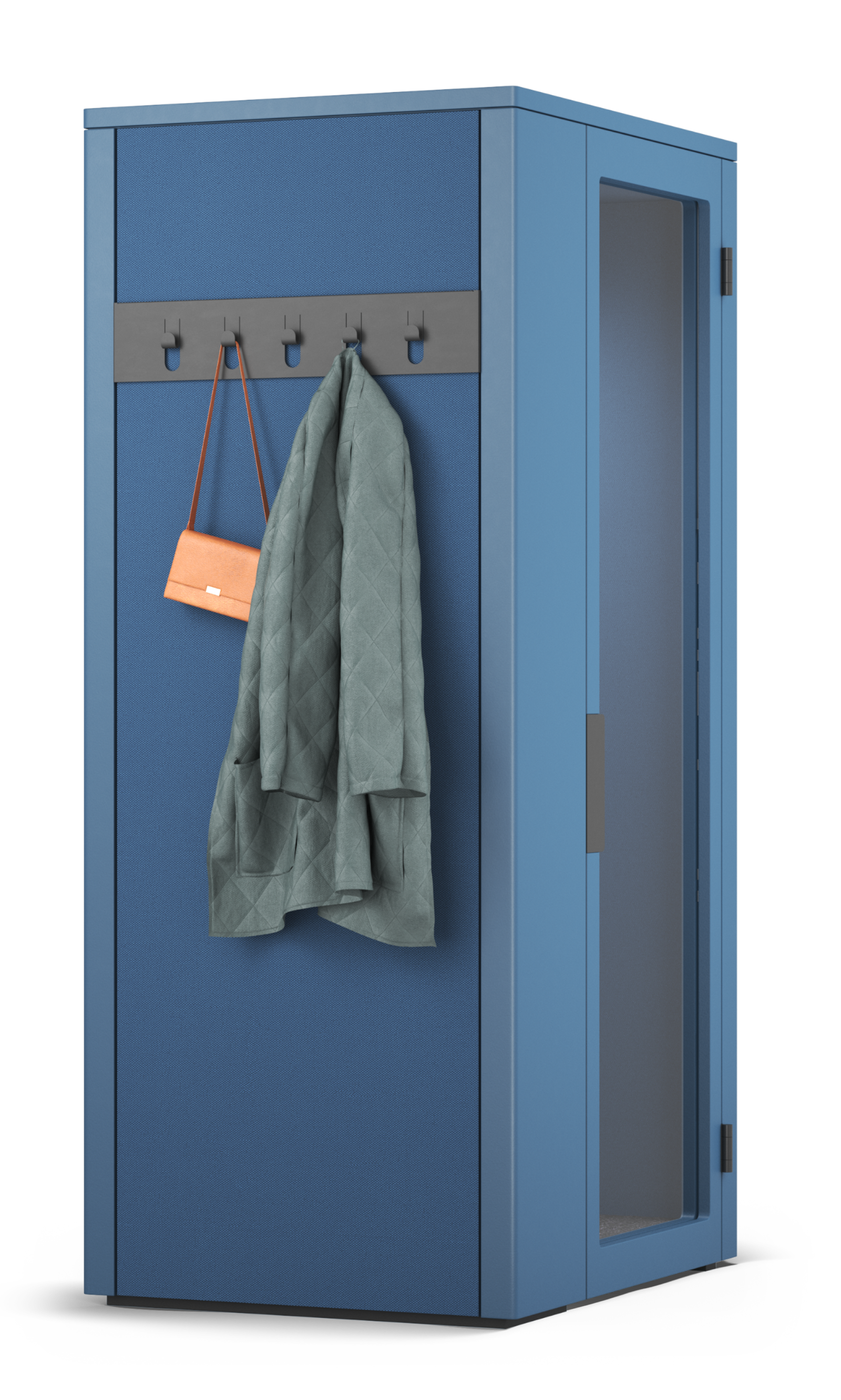 Blaue Talky-Telefonzelle mit Garderobenhaken, an denen Jacke und Tasche haengen