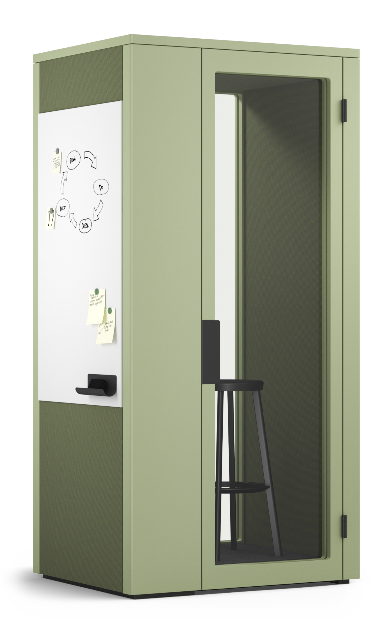 Gruene Talky-Telefonzelle mit Whiteboard-Seitenwand und Notizzetteln