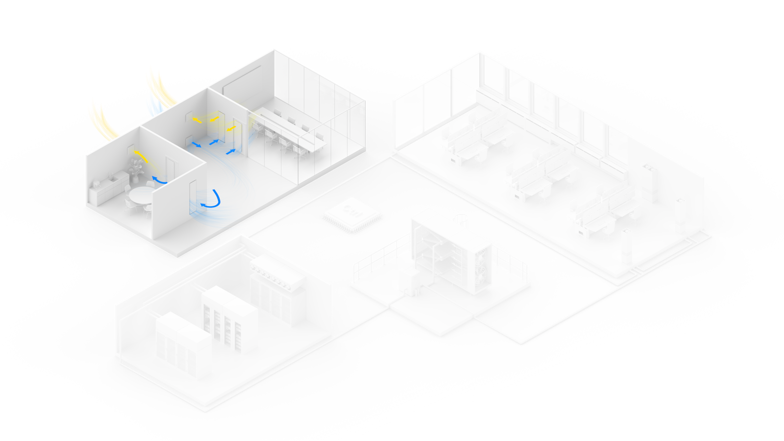 Isometric diagram of a building showing Riotherm STRATA airflow through offices and server rooms