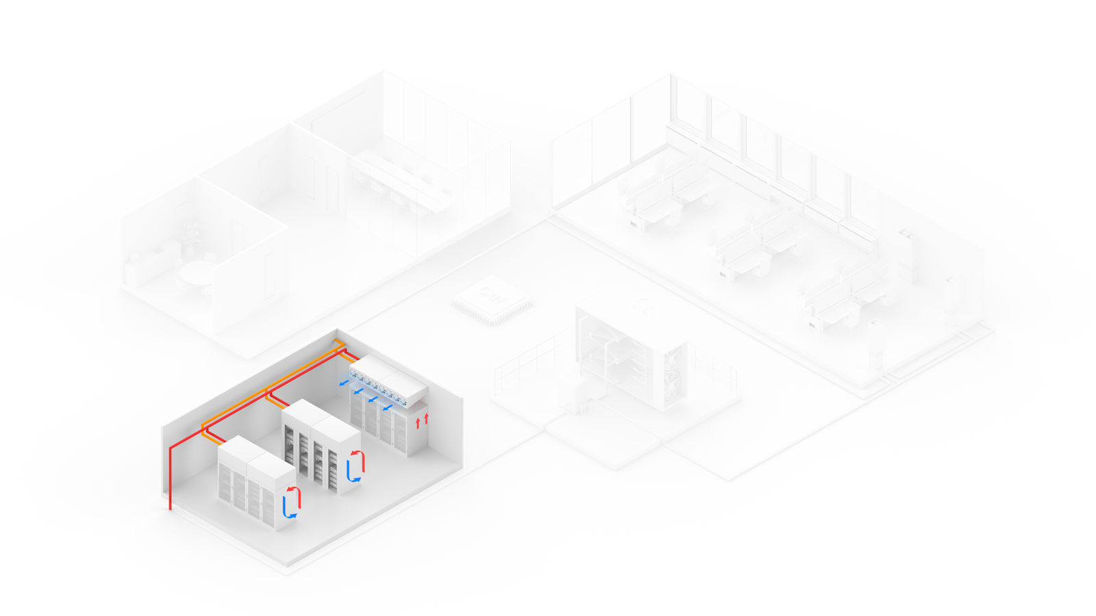 Building diagram highlighting a server room with a Riotherm X cooling unit next to office and meeting spaces