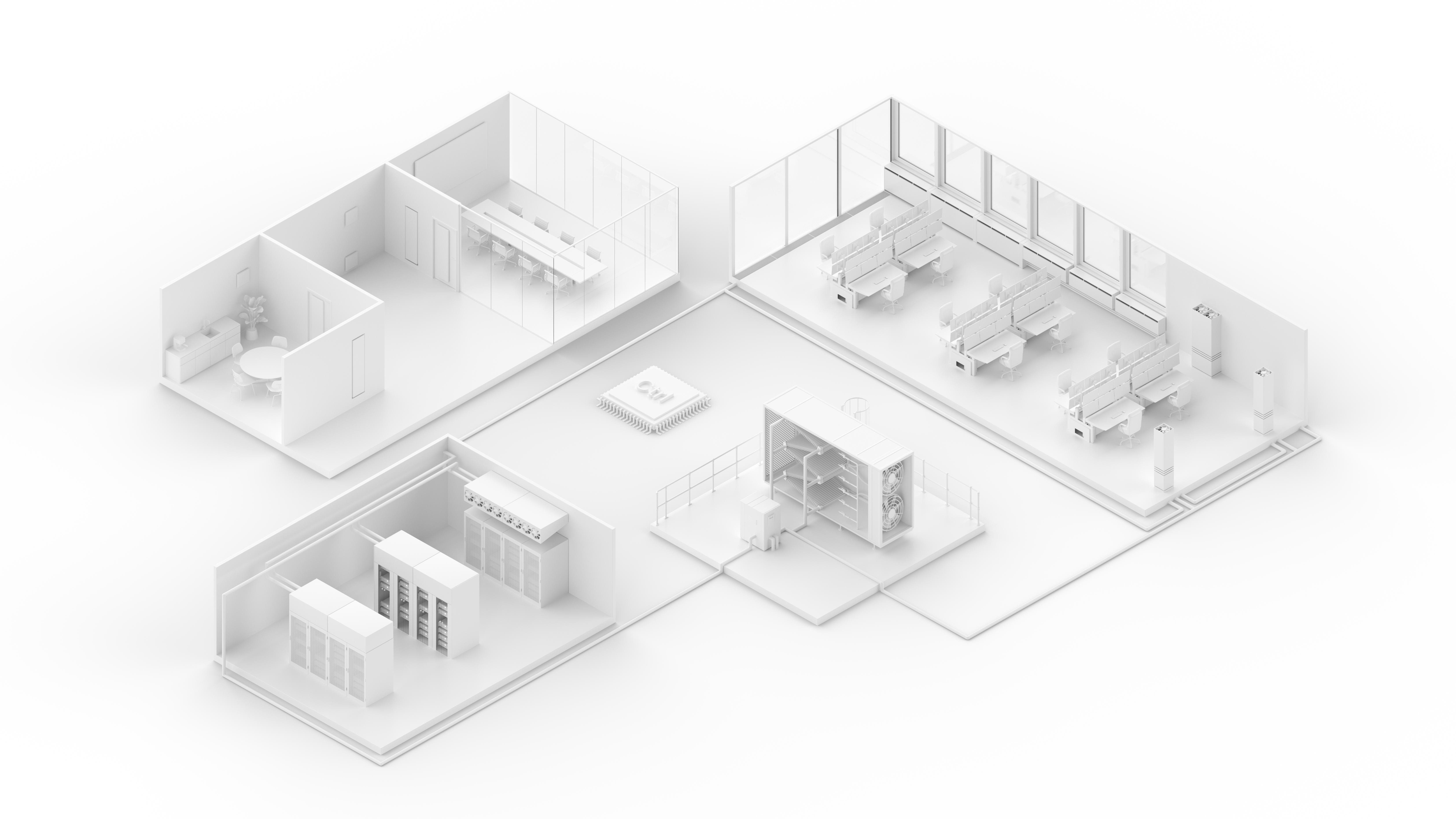 3D overview diagram of an office building with a server room, workstations and central Riotherm control unit