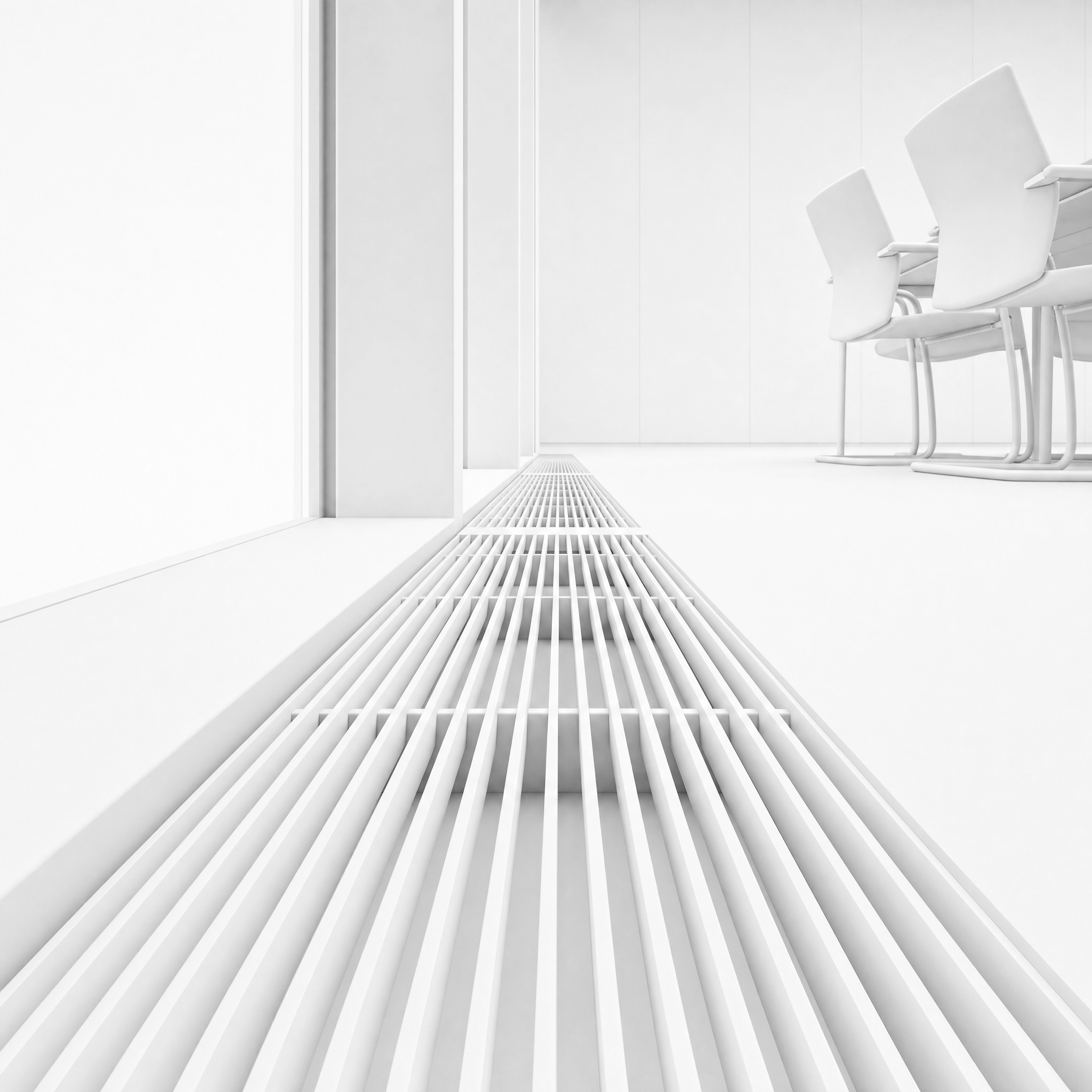 3D-Visualisierung eines bodenbündigen Riotherm-Konvektorgitters entlang einer Fensterfront im Besprechungsraum