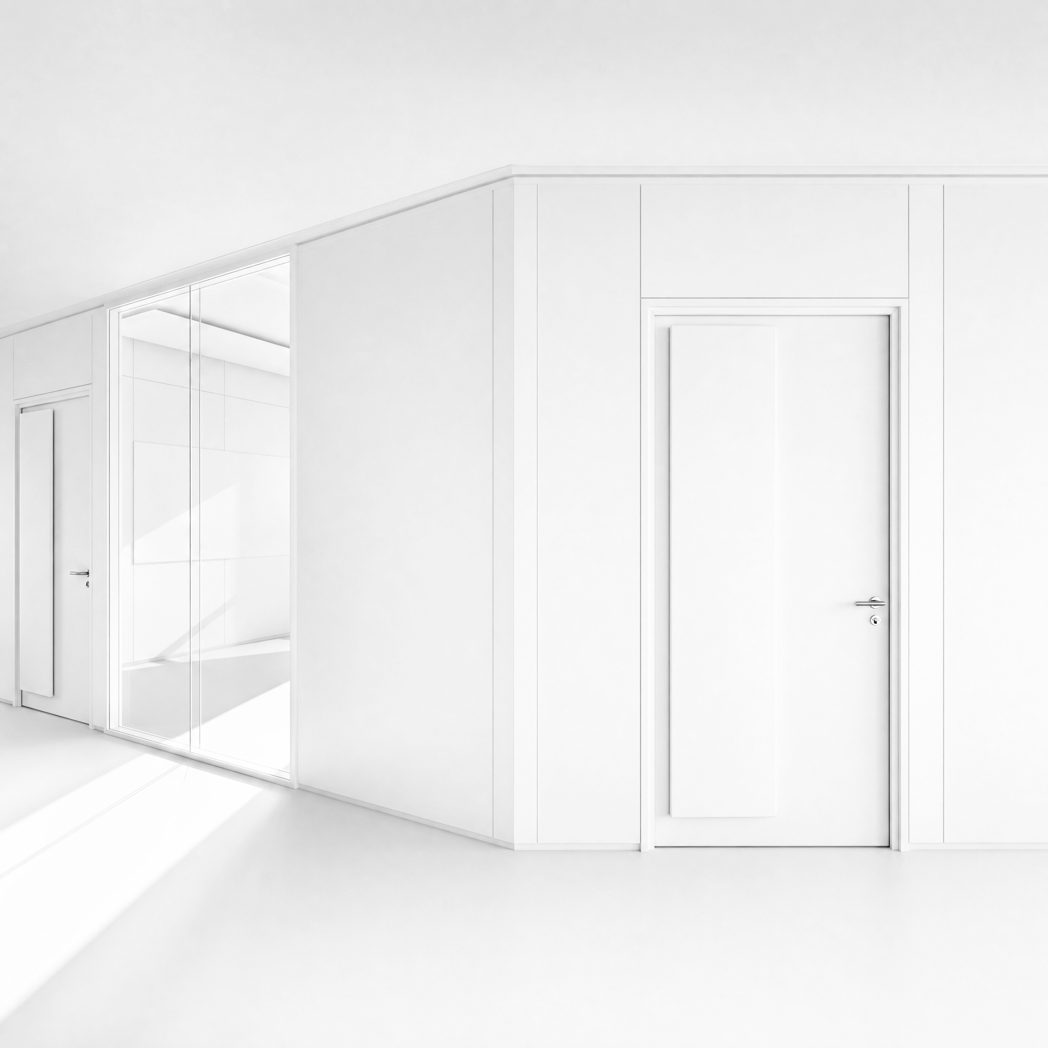 3D rendering of a minimalist white office corridor with a glass partition and doors