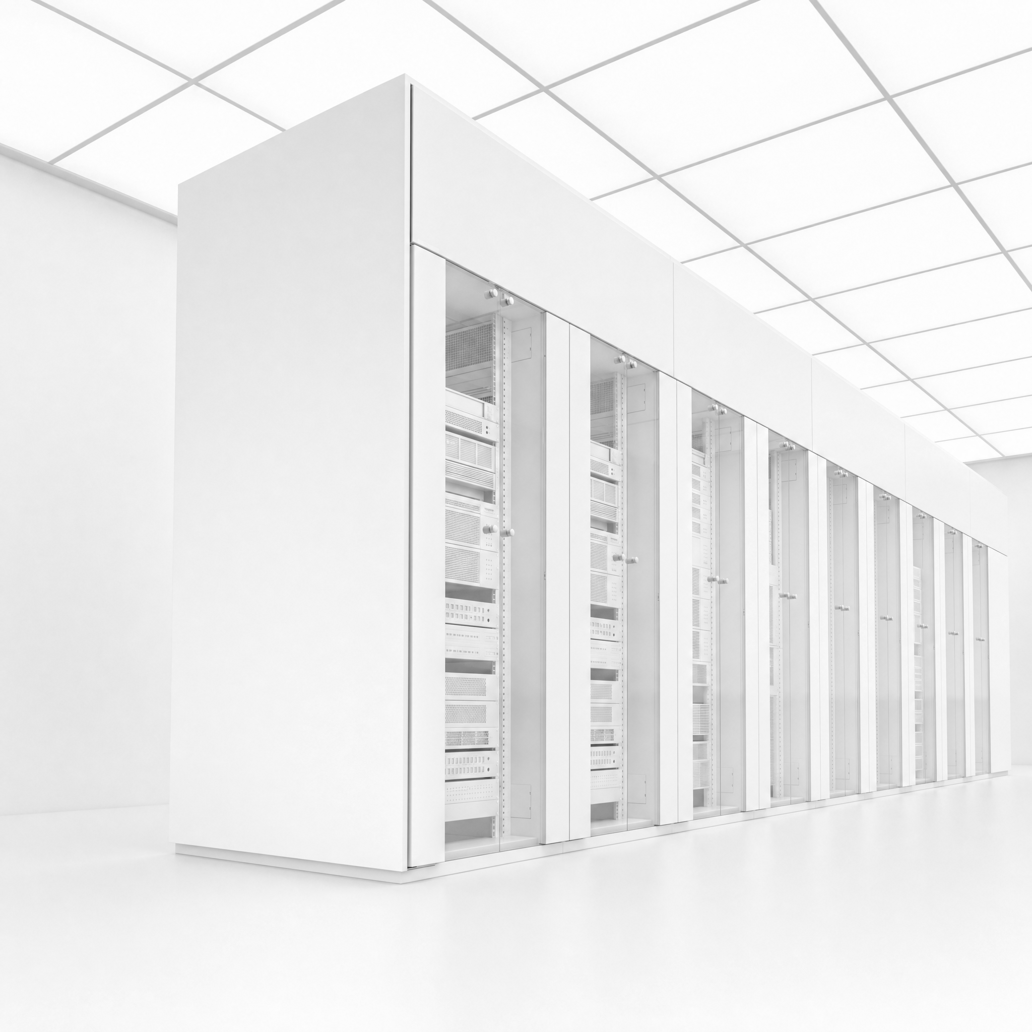 3D rendering of a row of server racks in a data center with a Riotherm X cooling unit at the end