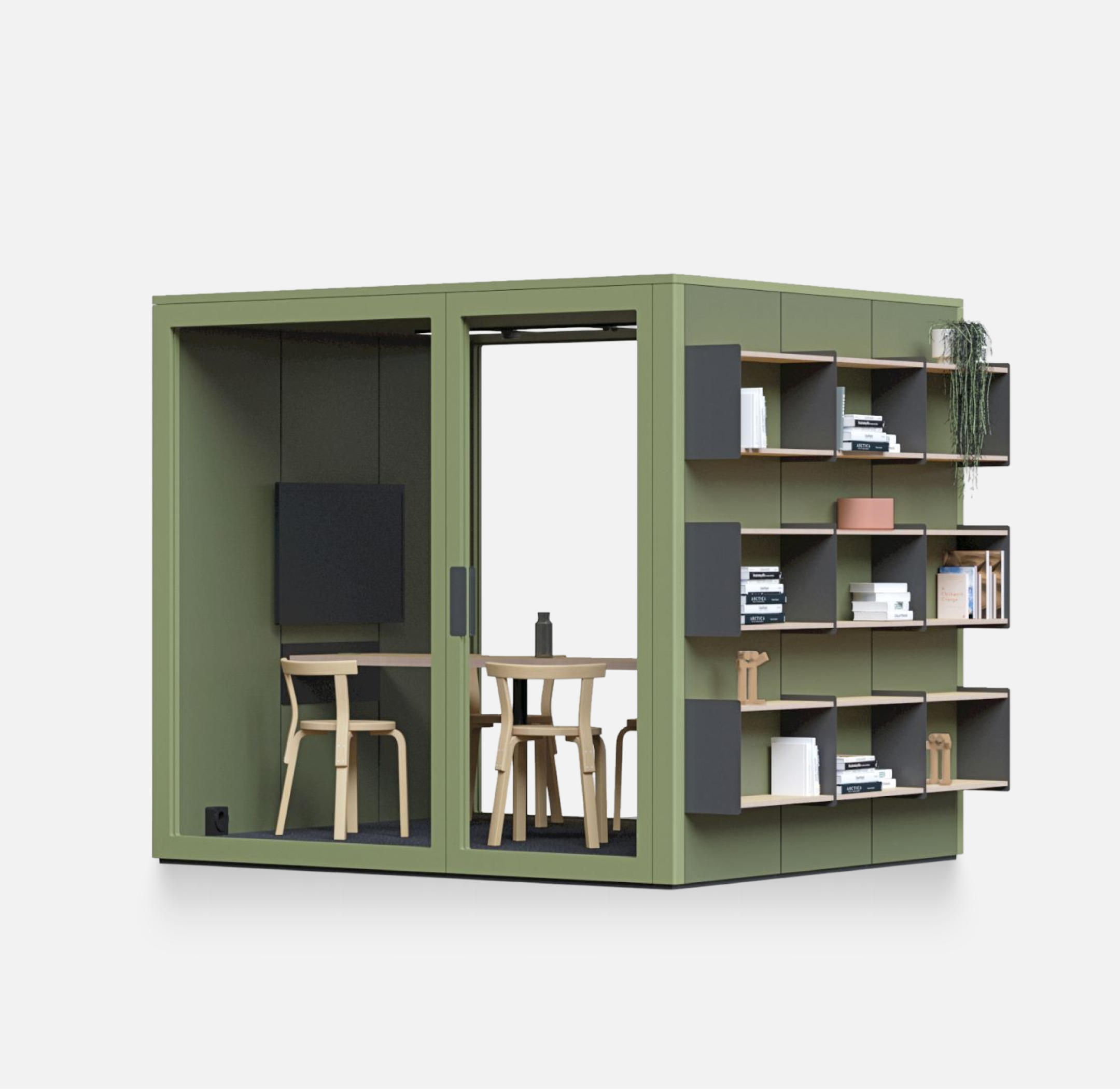 Gruener Talky L75 Meetingraum mit Bildschirm, Holztisch, Stuehlen und Regalwand